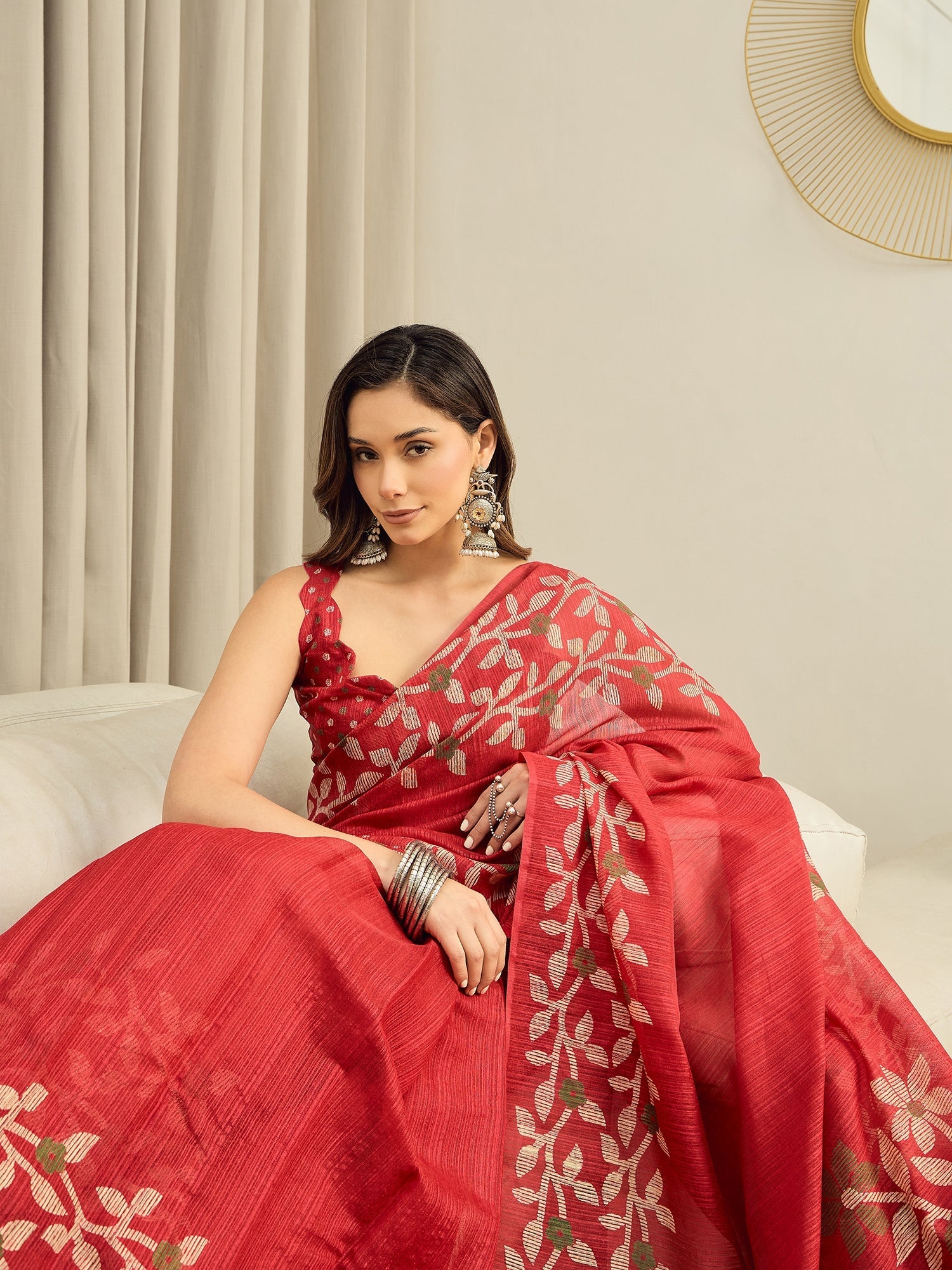 Red Jamdani Cotton Silk Saree - Ressa