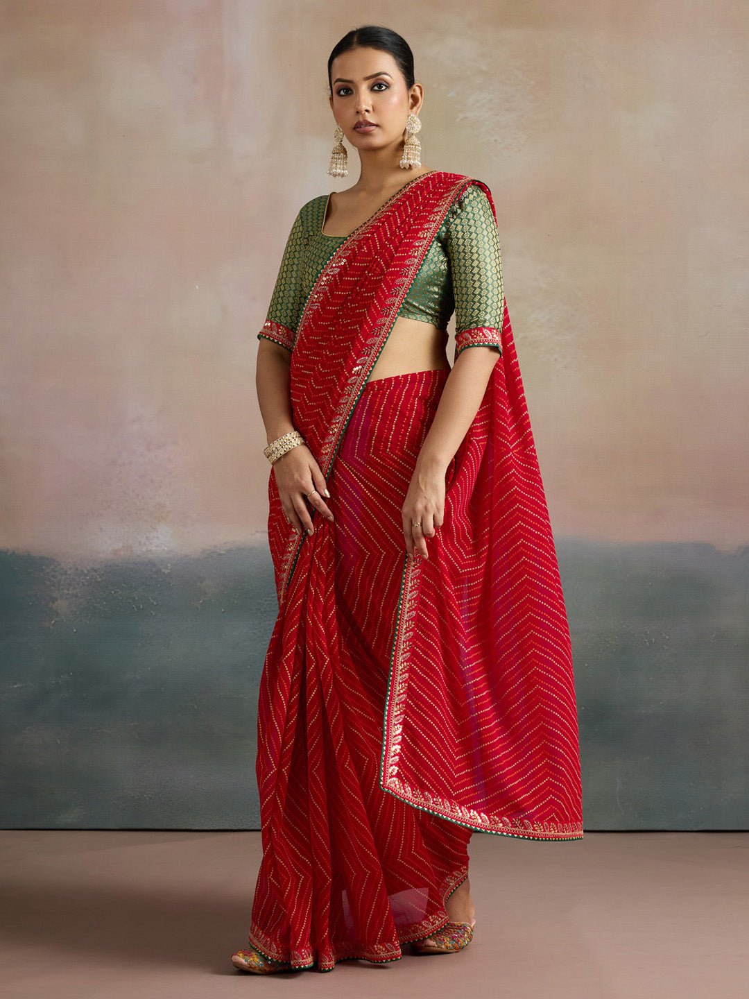 Red Leheriya Georgette Saree - Ressa