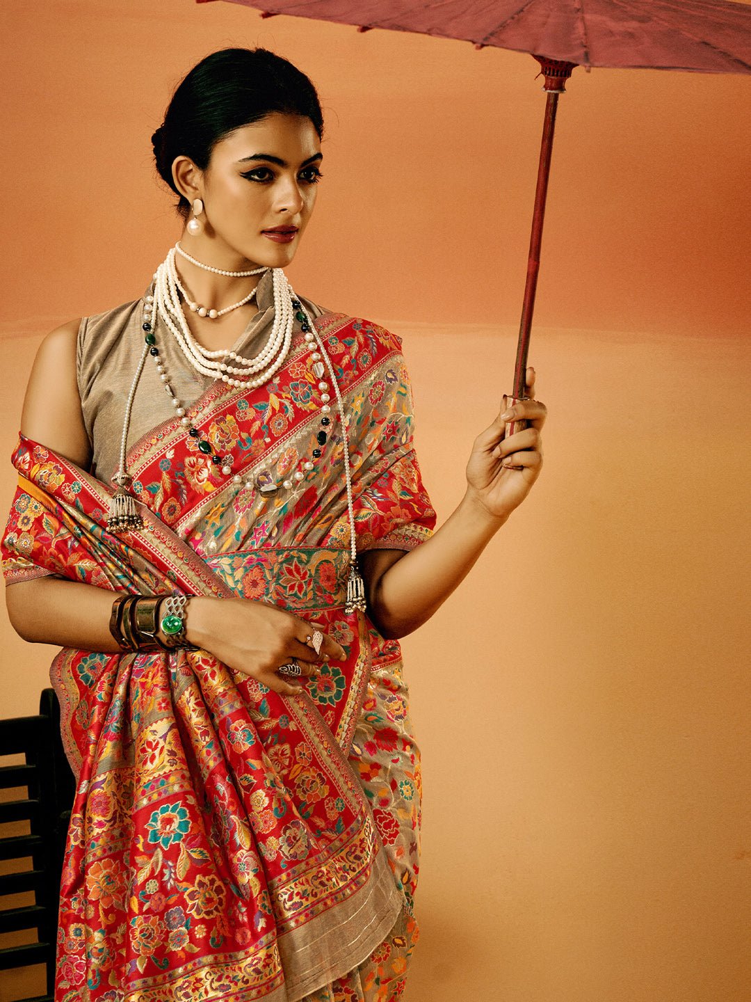 Red & Mustard Silk Blend Heritage Floral Print Zari Woven Border Saree - Ressa