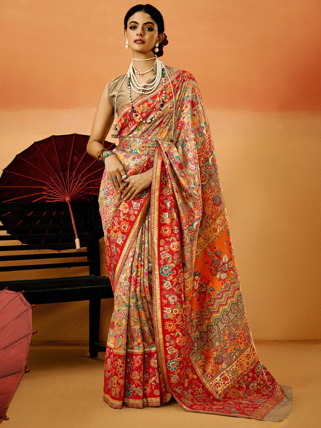 Red & Mustard Silk Blend Heritage Floral Print Zari Woven Border Saree - Ressa