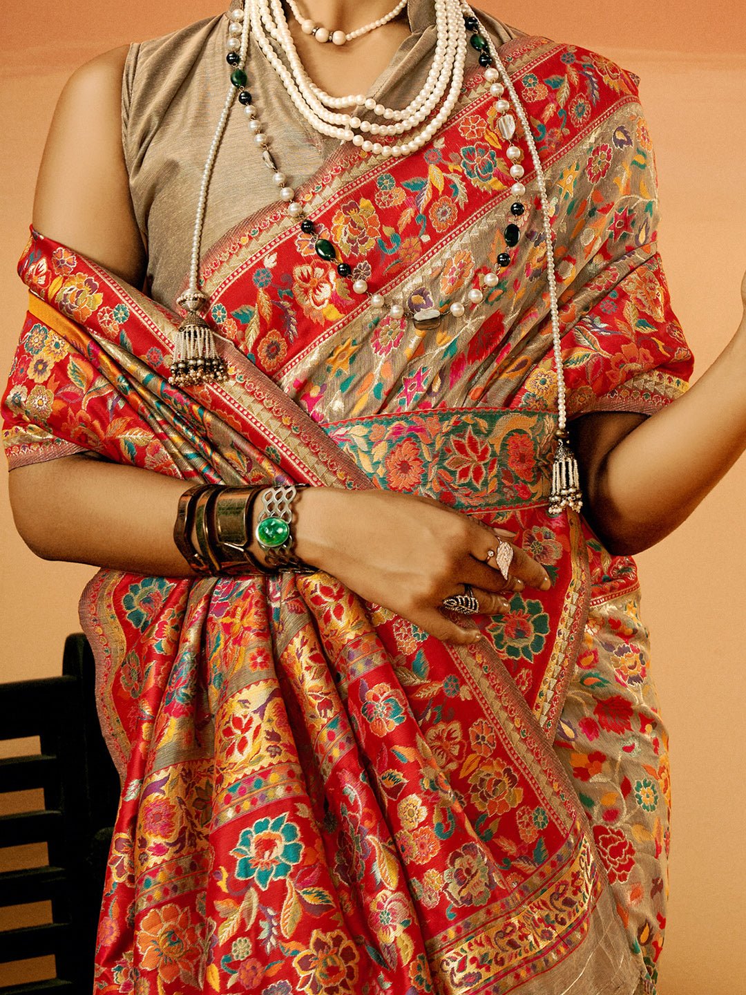 Red & Mustard Silk Blend Heritage Floral Print Zari Woven Border Saree - Ressa