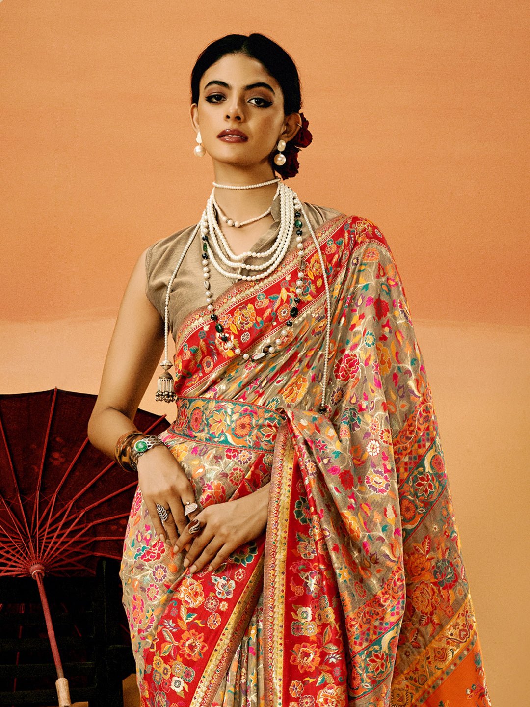 Red & Mustard Silk Blend Heritage Floral Print Zari Woven Border Saree - Ressa