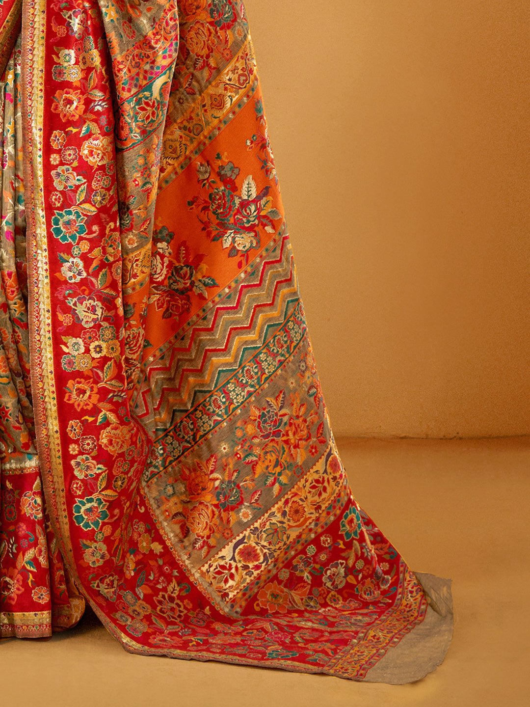 Red & Mustard Silk Blend Heritage Floral Print Zari Woven Border Saree - Ressa