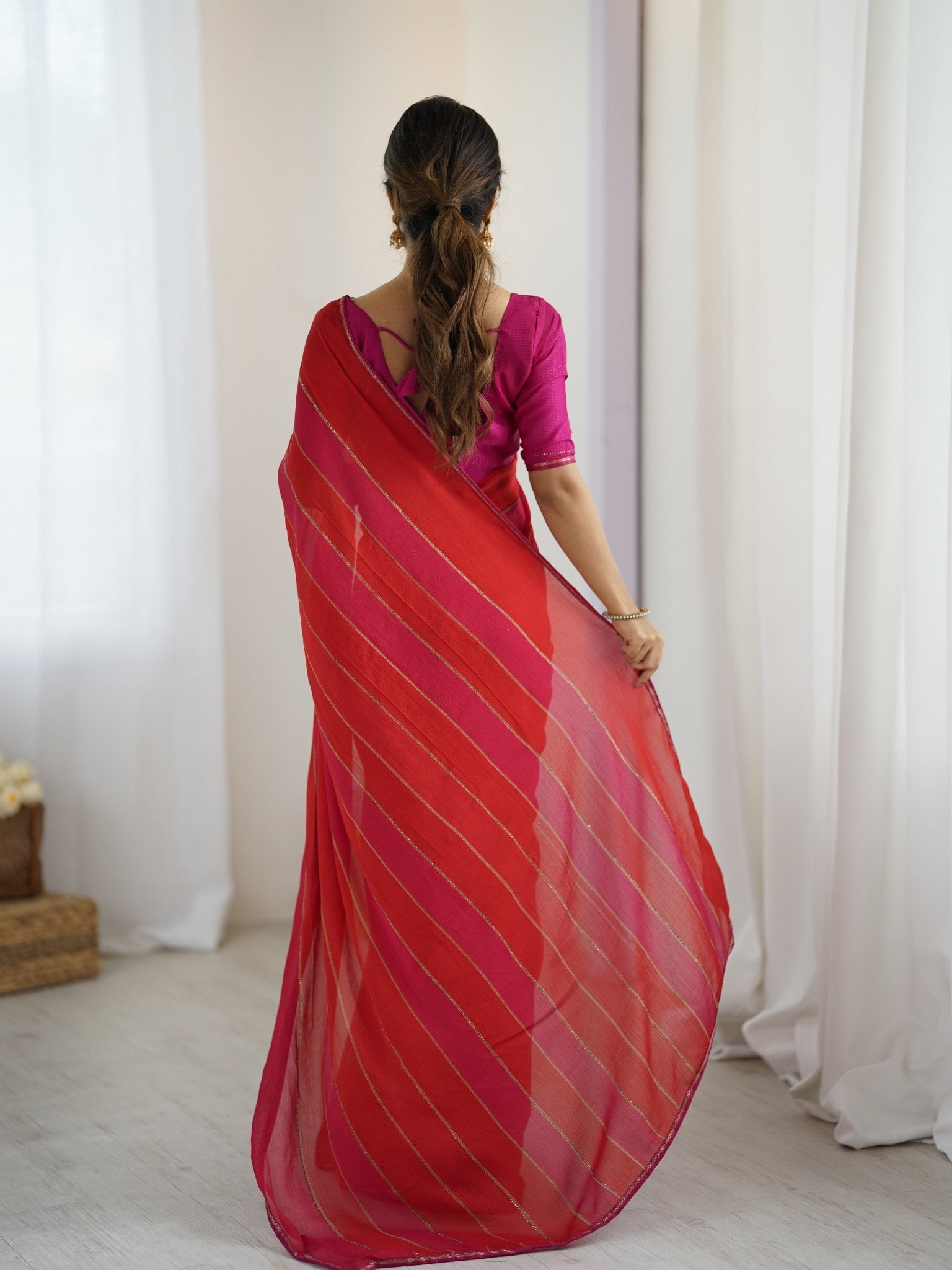 Red Ombre Georgette Saree with Gold Stripes - Ressa