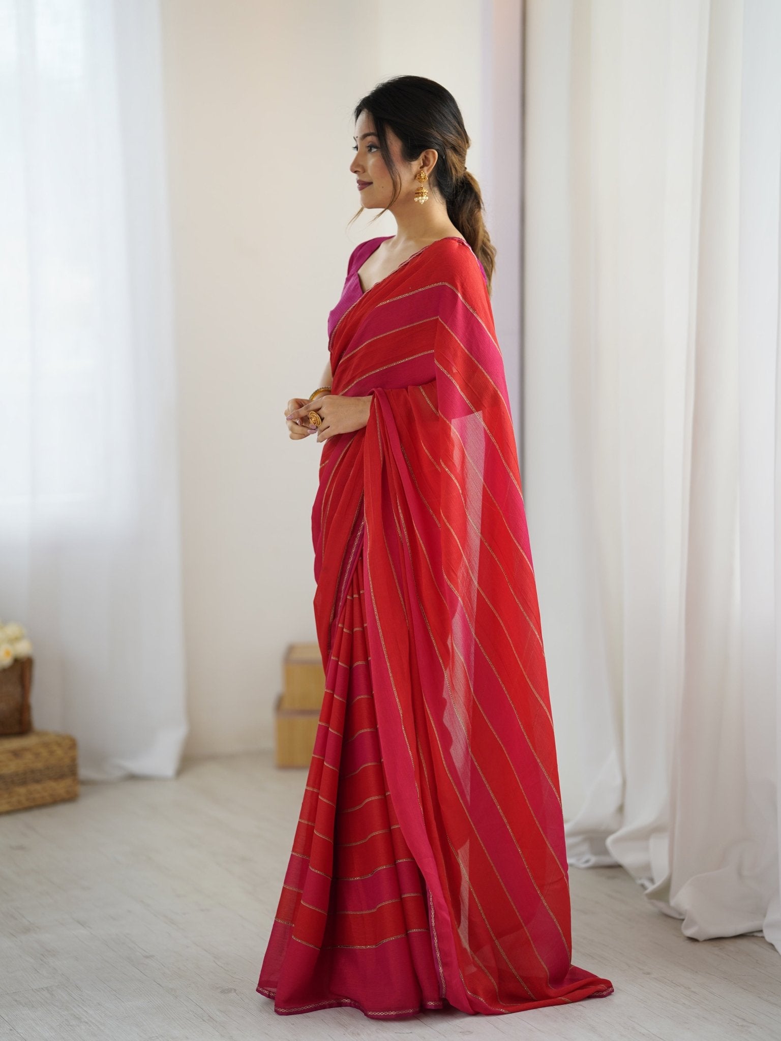 Red Ombre Georgette Saree with Gold Stripes - Ressa