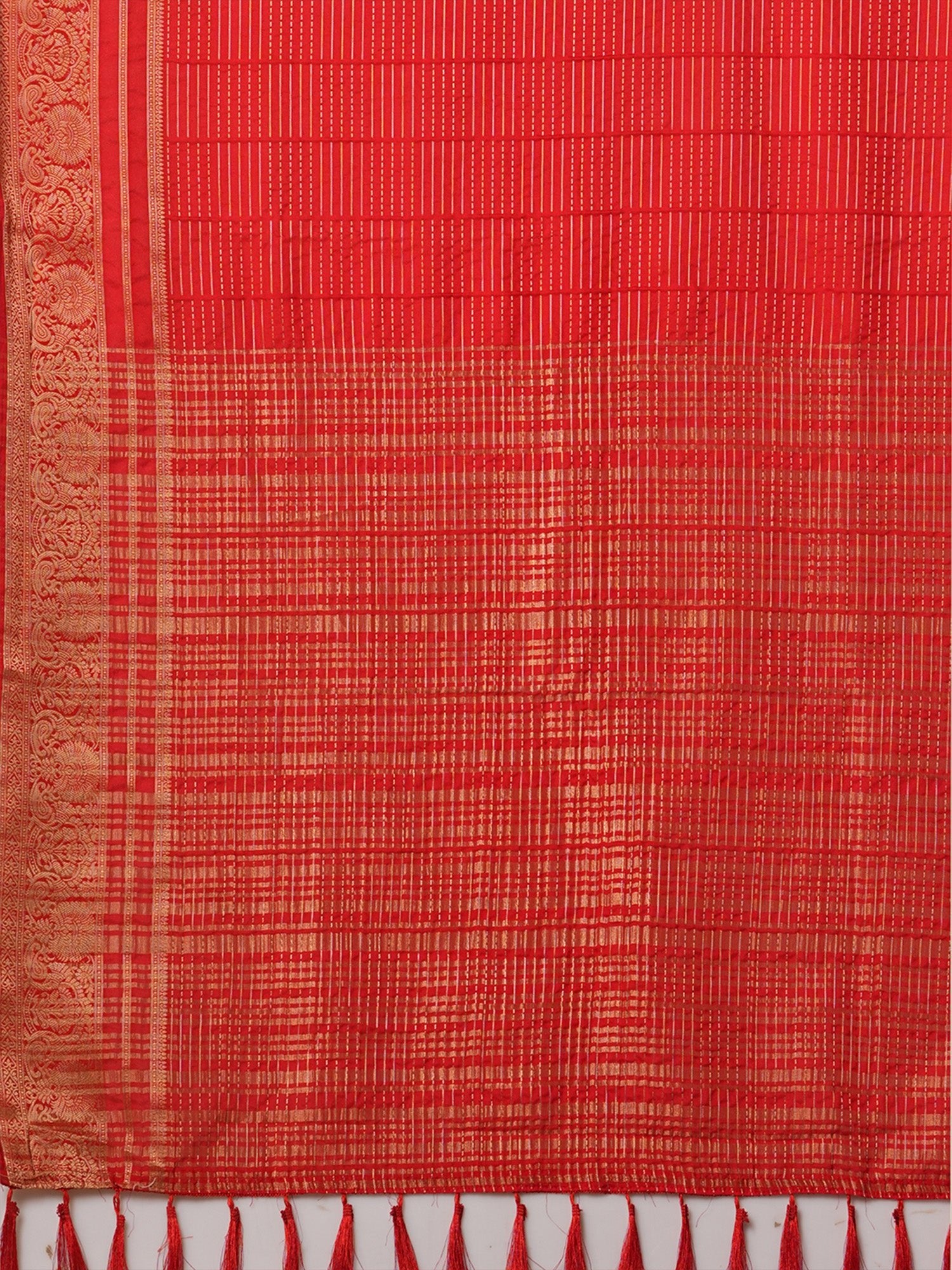 Red Organza Silk Saree with Zari Border & Tassels - Ressa