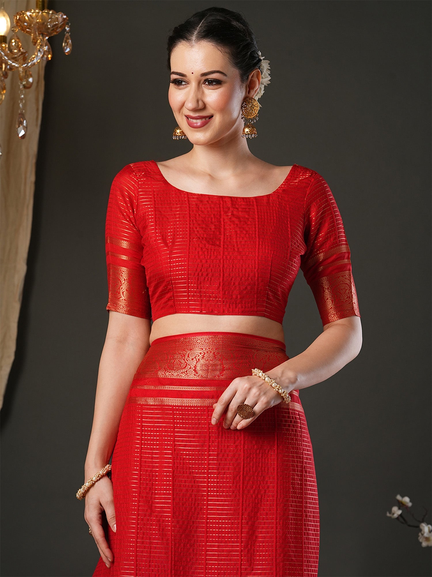 Red Organza Silk Saree with Zari Border & Tassels - Ressa