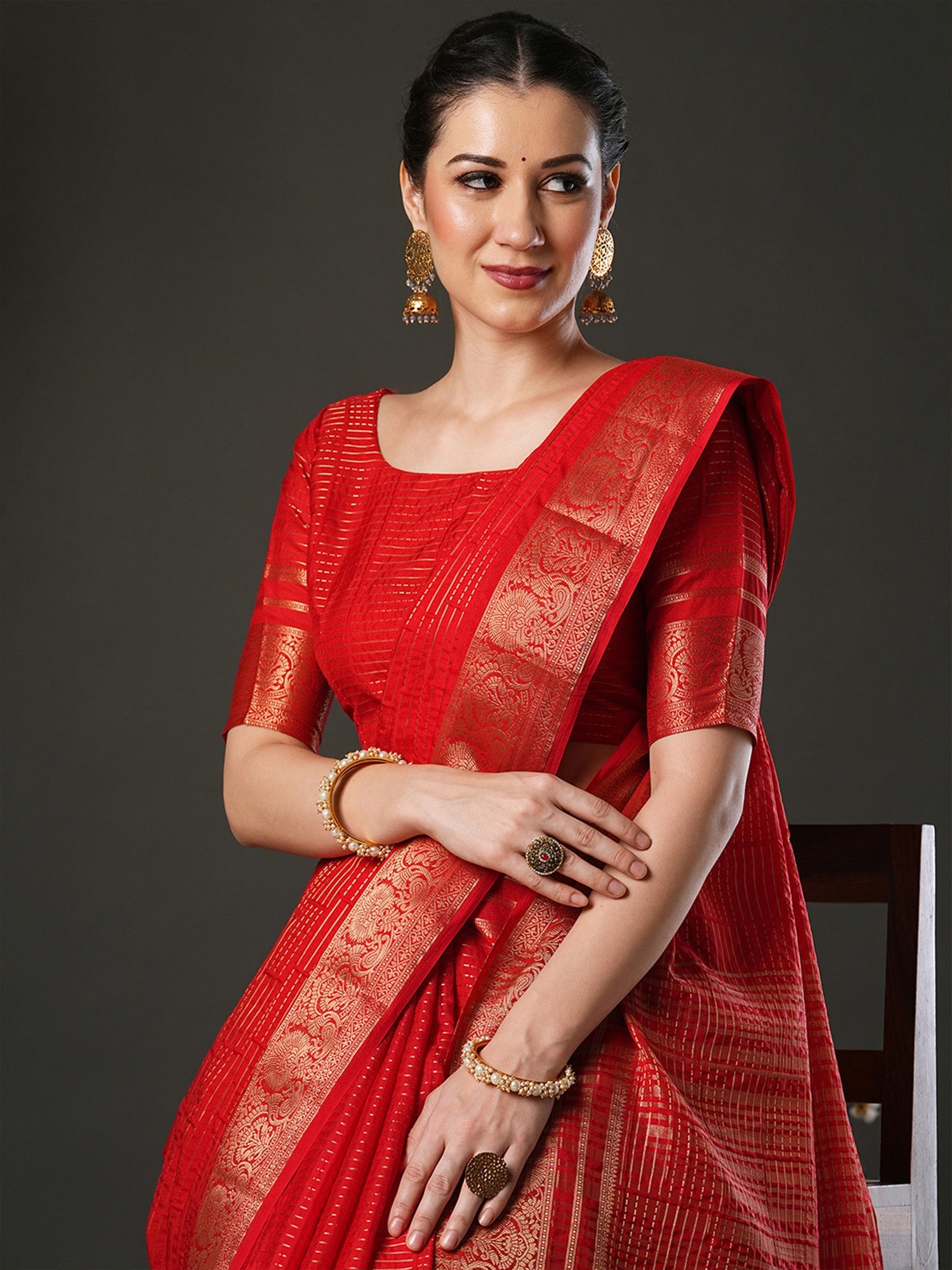 Red Organza Silk Saree with Zari Border & Tassels - Ressa