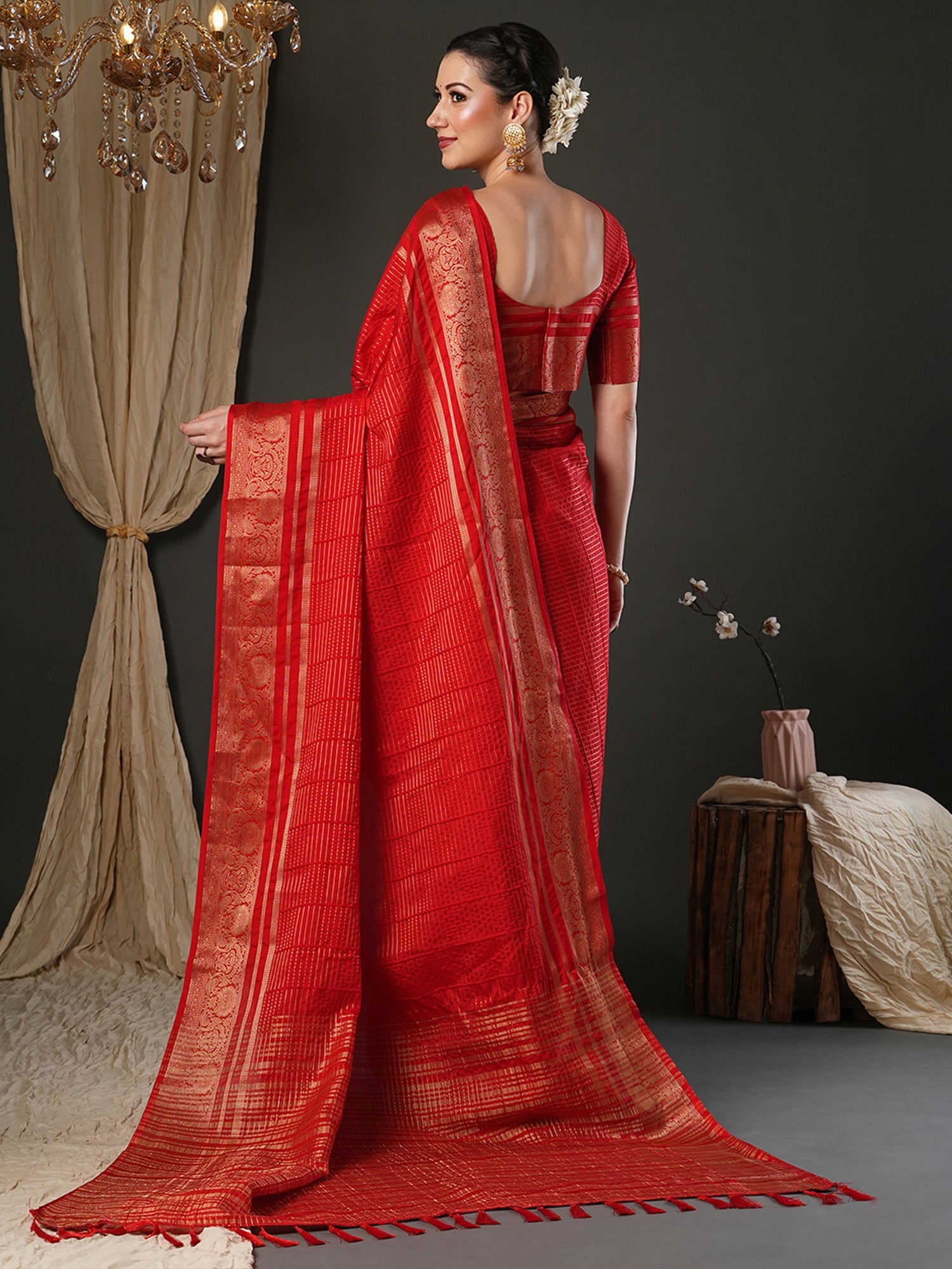 Red Organza Silk Saree with Zari Border & Tassels - Ressa