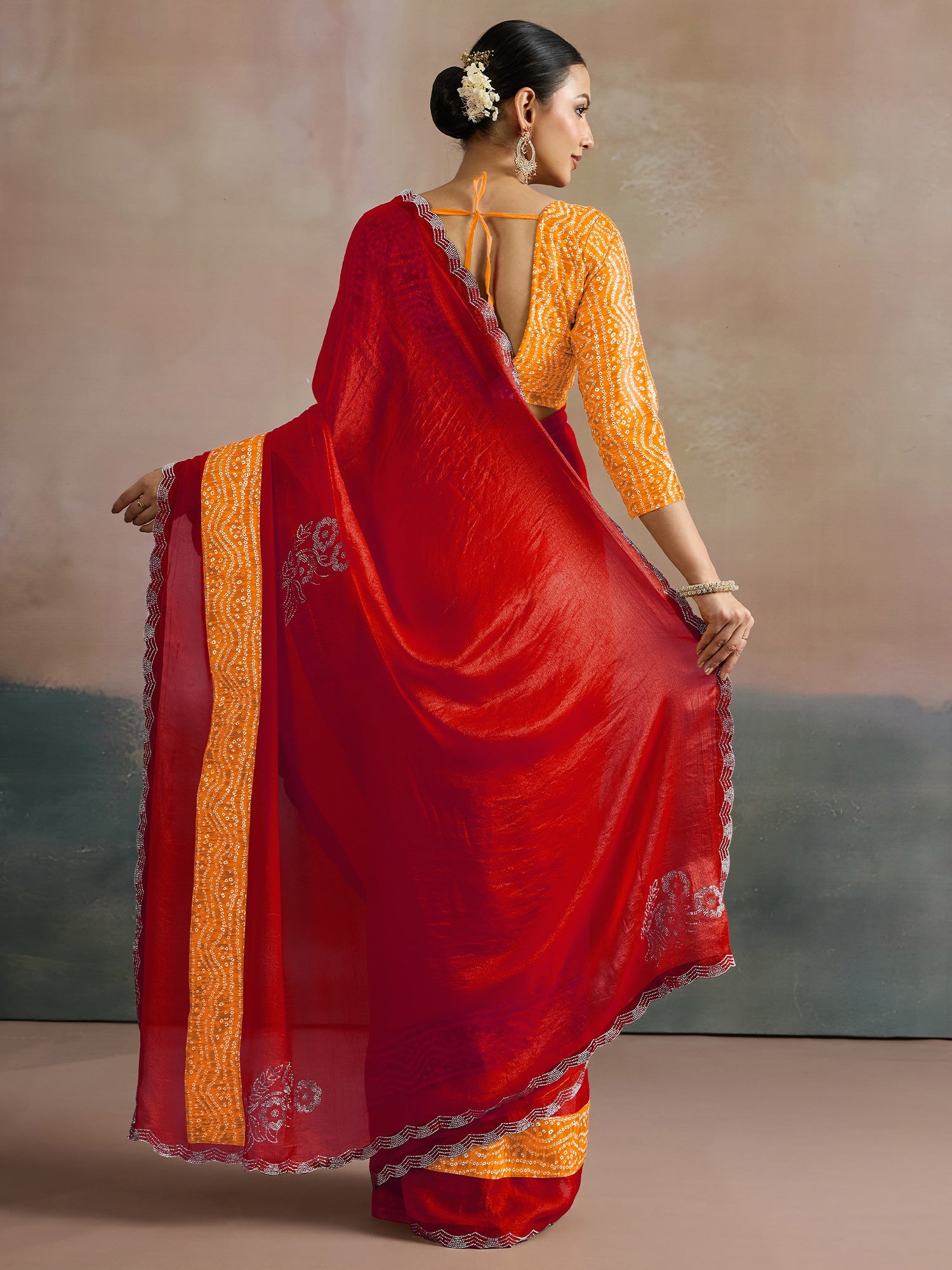 Red Pure Chiffon Bandhani Saree - Ressa