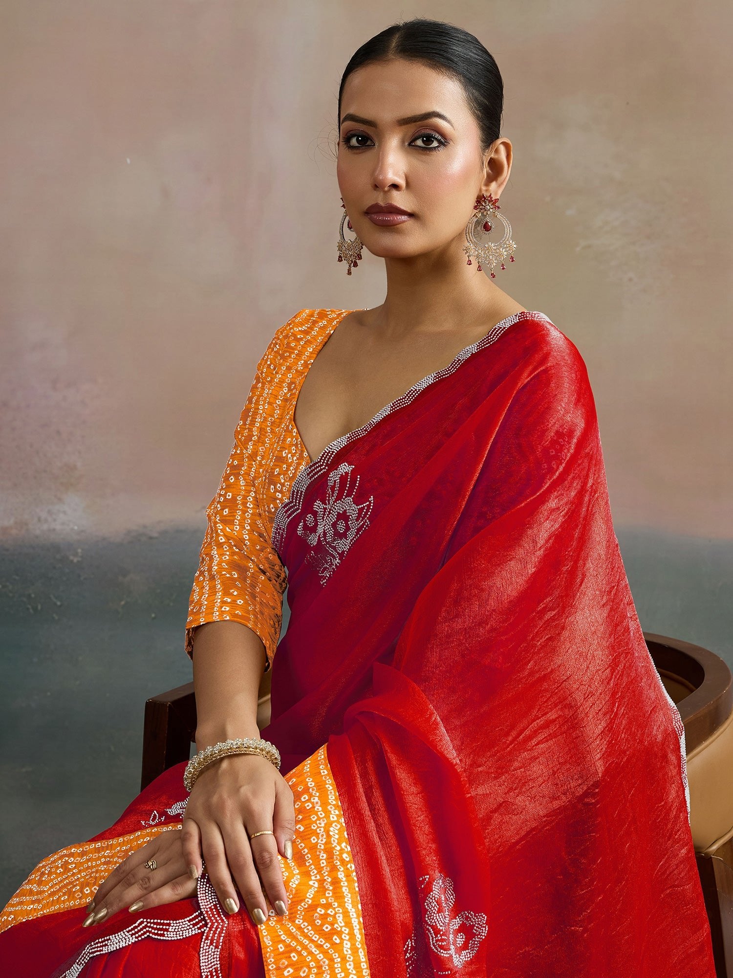 Red Pure Chiffon Bandhani Saree - Ressa