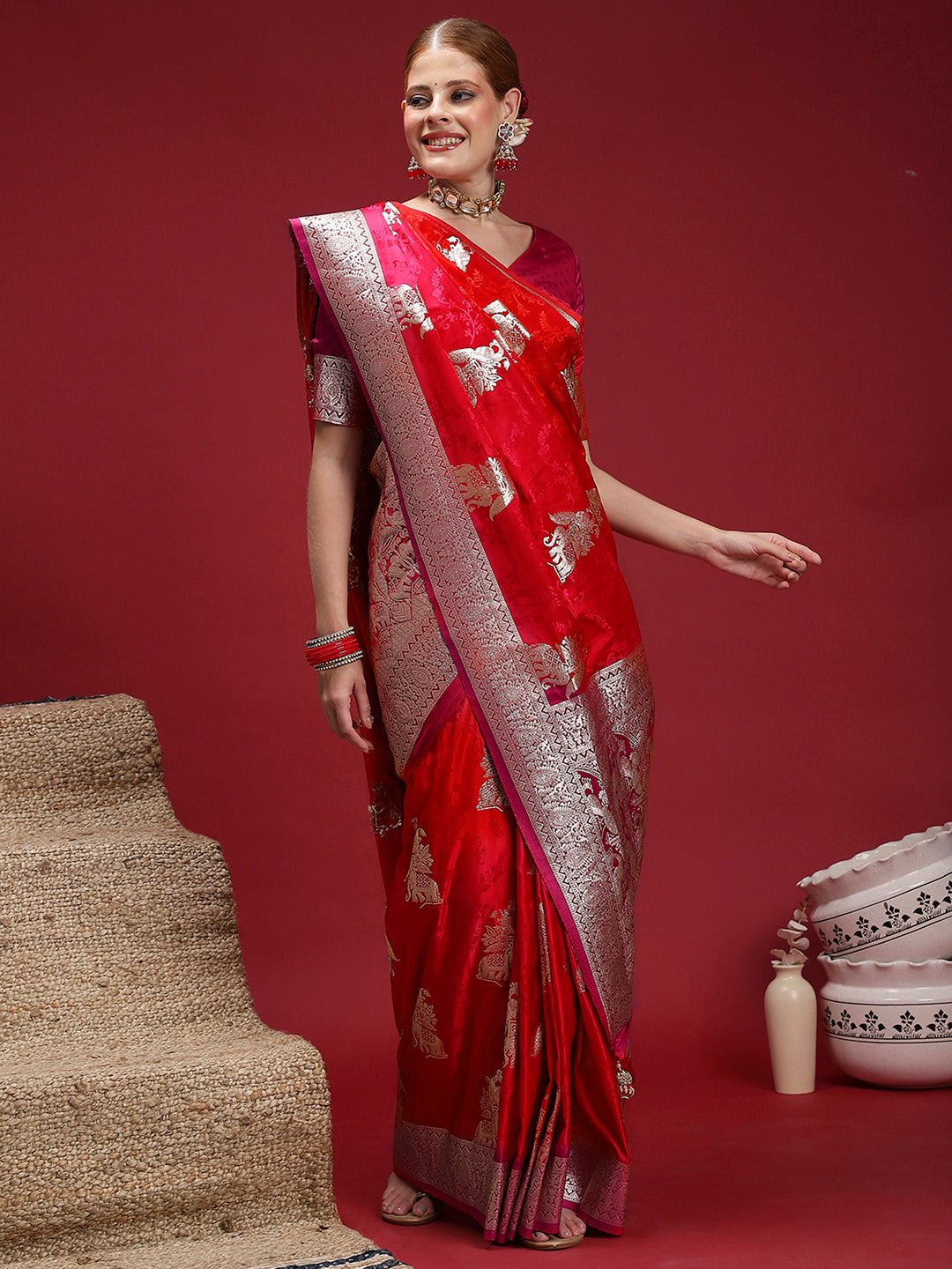 Red Satin Banarasi Silk Woven Saree - Ressa