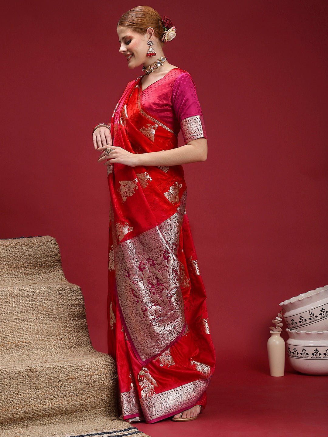 Red Satin Banarasi Silk Woven Saree - Ressa