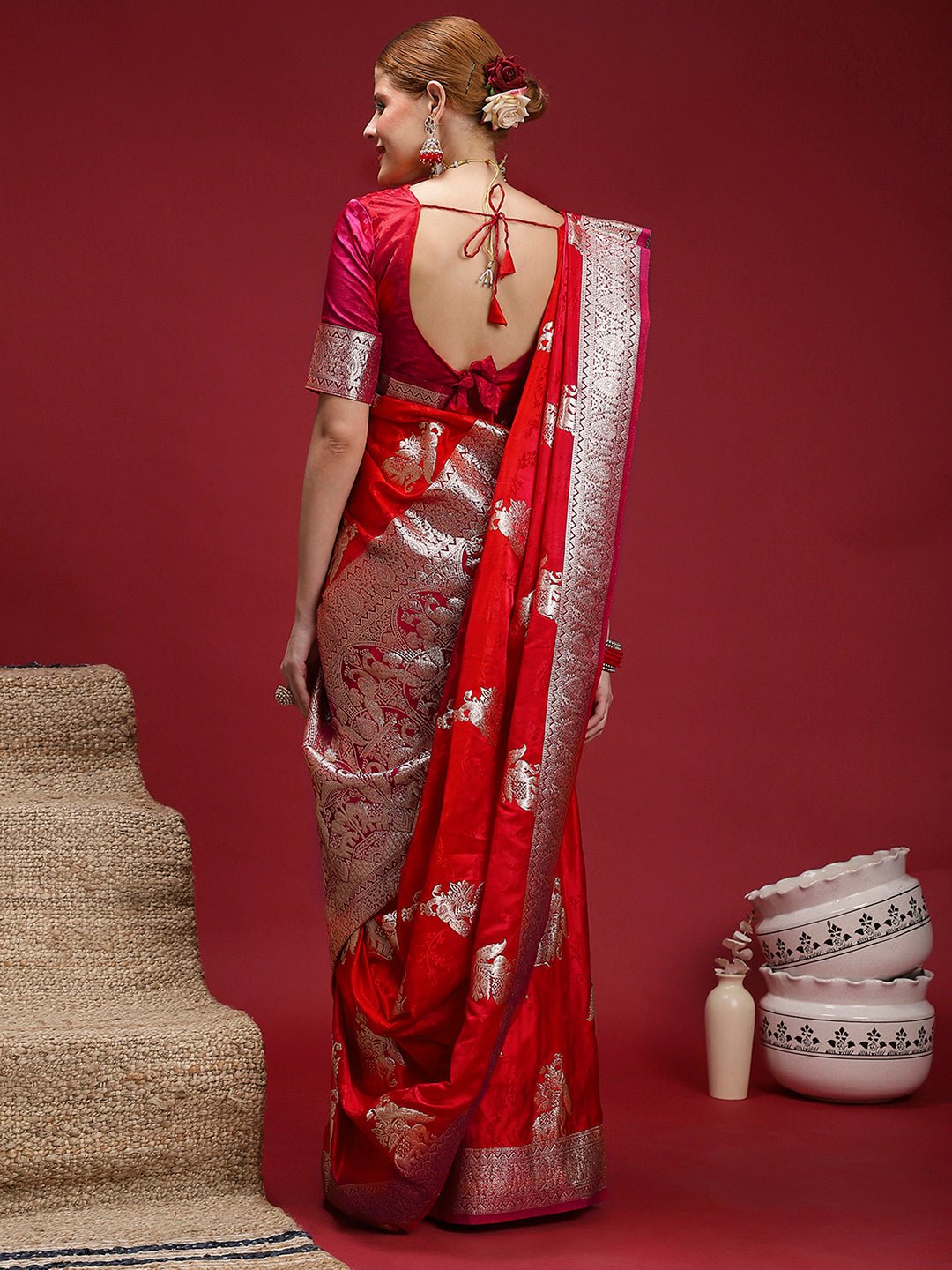 Red Satin Banarasi Silk Woven Saree - Ressa