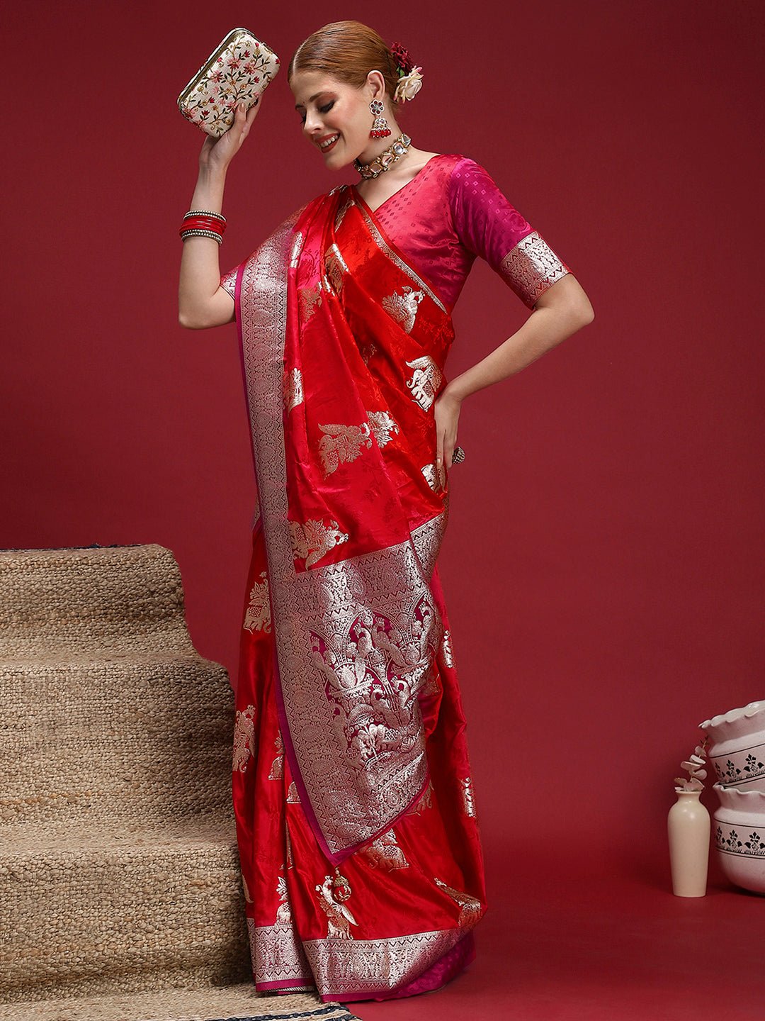 Red Satin Banarasi Silk Woven Saree - Ressa
