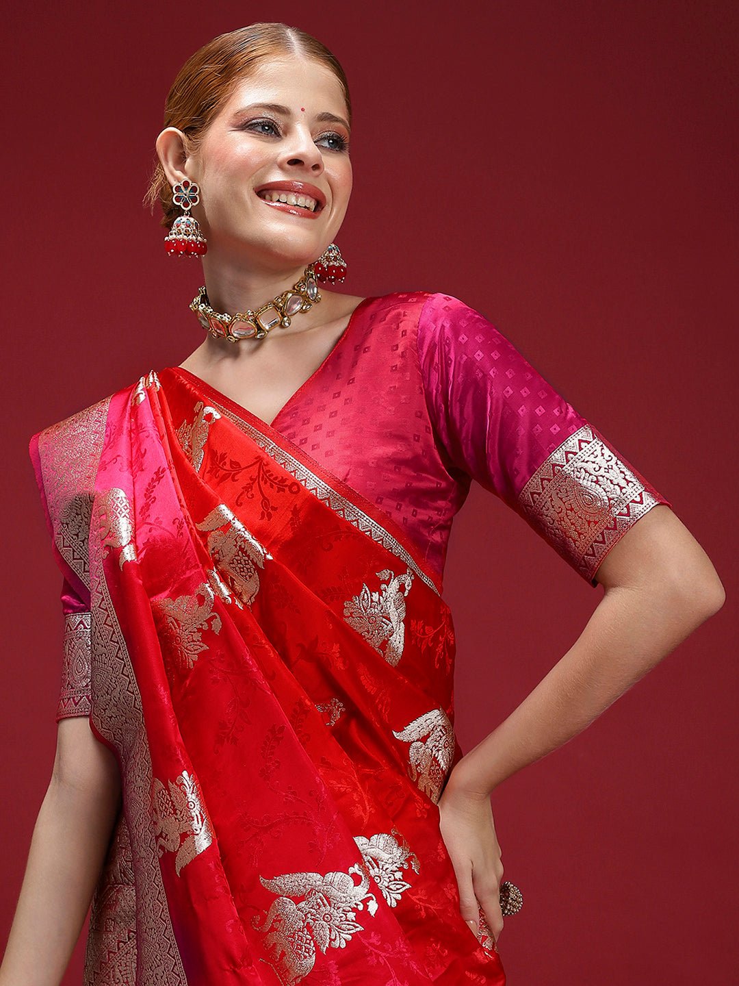 Red Satin Banarasi Silk Woven Saree - Ressa