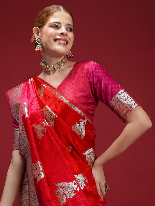 Red Satin Banarasi Silk Woven Saree - Ressa