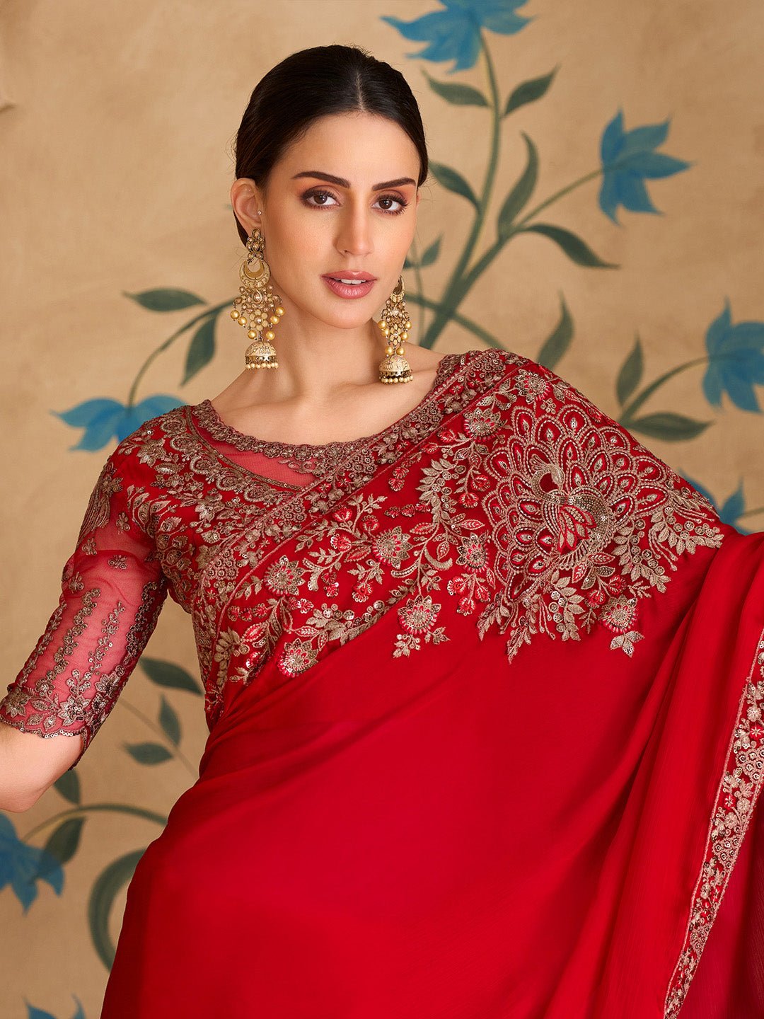 Red Satin Emblished Party Wear Saree - Ressa
