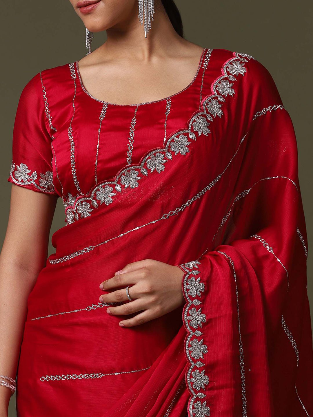Red Satin Emblished Party Wear Saree - Ressa