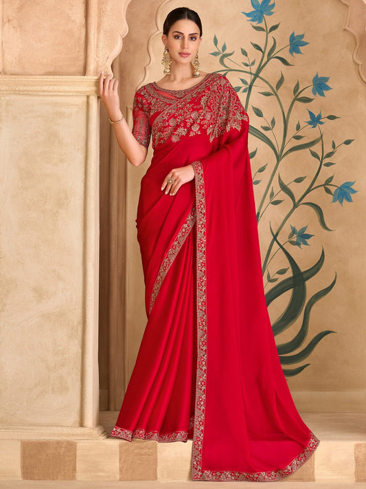 Red Satin Emblished Party Wear Saree - Ressa