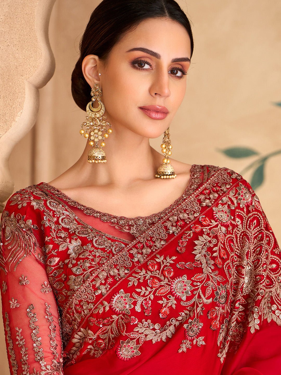 Red Satin Emblished Party Wear Saree - Ressa