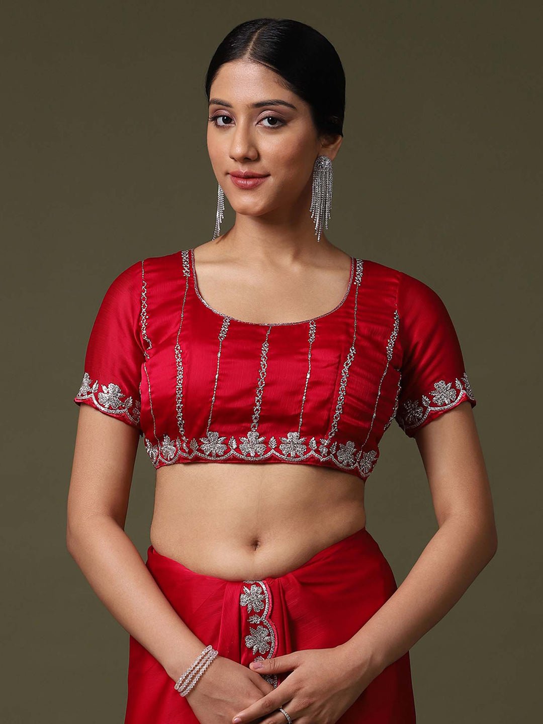 Red Satin Emblished Party Wear Saree - Ressa