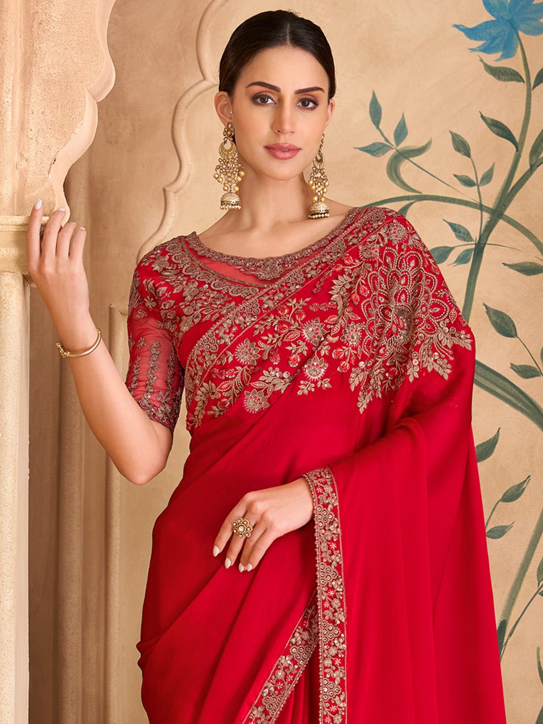 Red Satin Emblished Party Wear Saree - Ressa