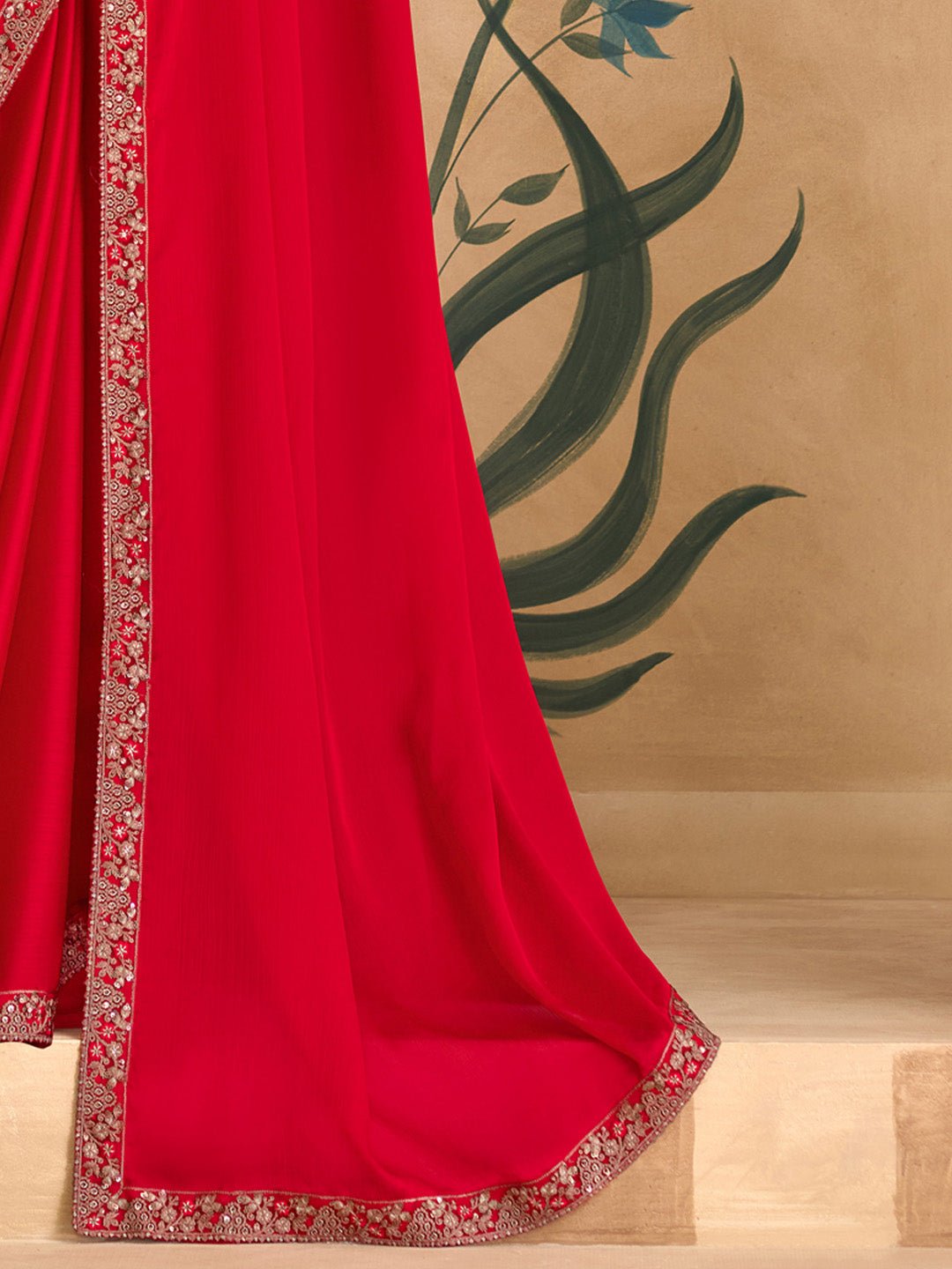 Red Satin Emblished Party Wear Saree - Ressa