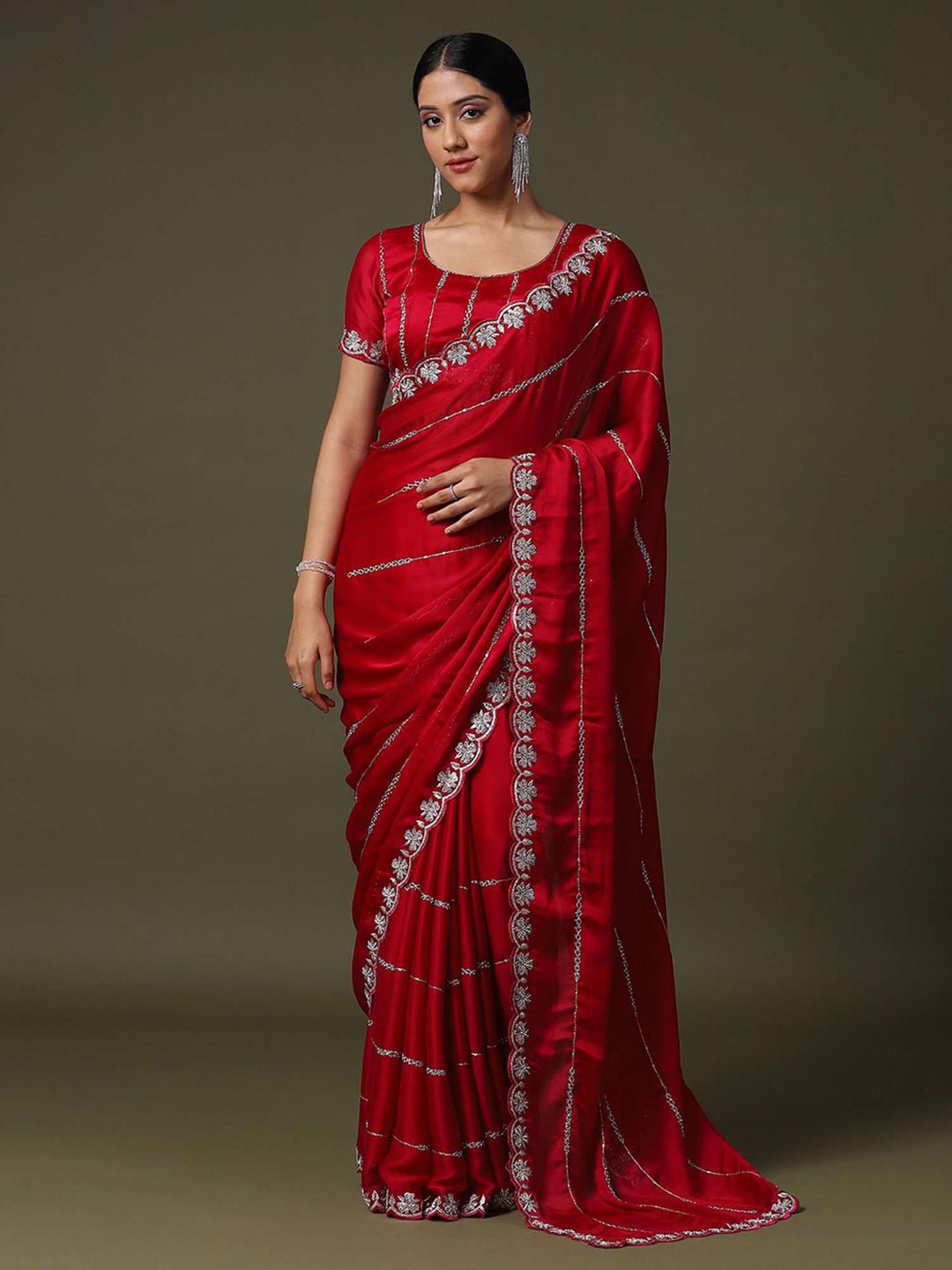 Red Satin Emblished Party Wear Saree - Ressa