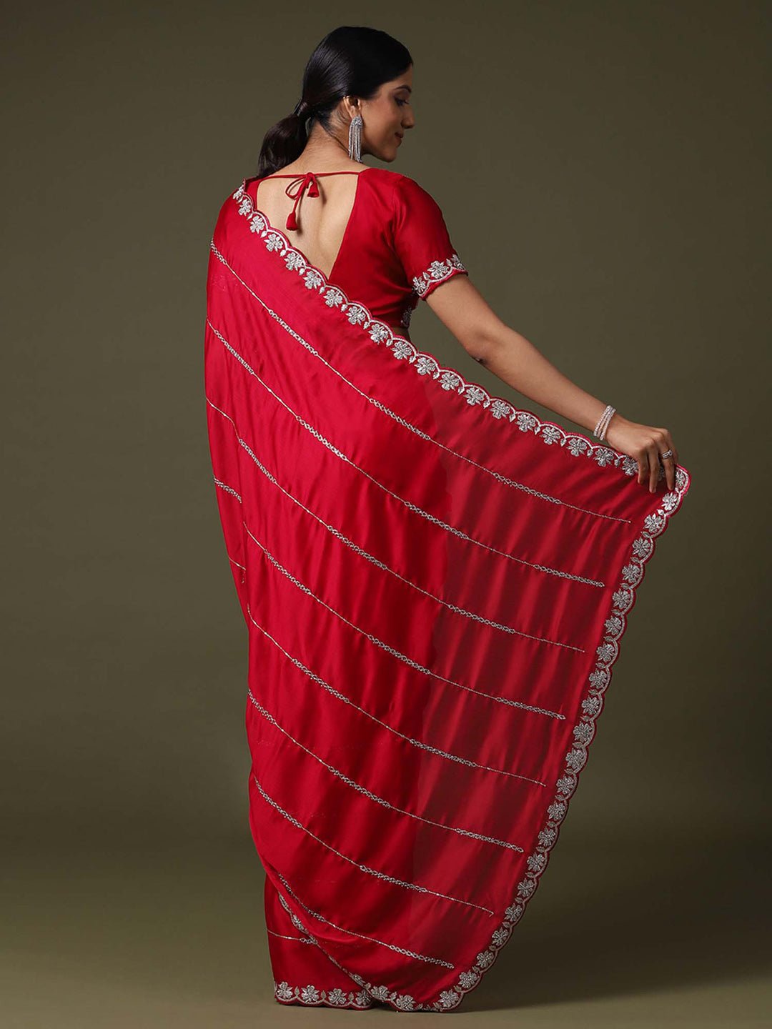 Red Satin Emblished Party Wear Saree - Ressa
