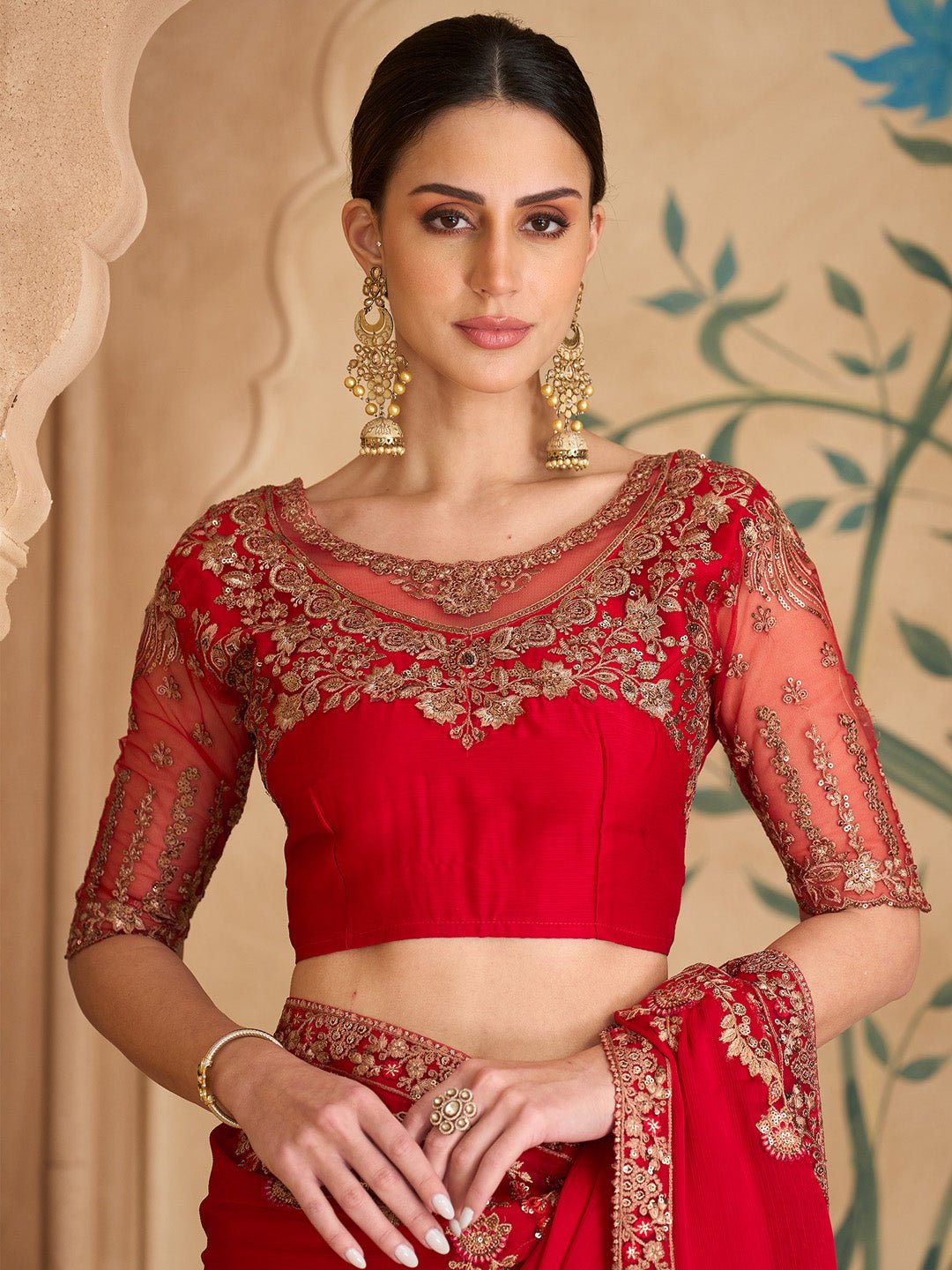 Red Satin Emblished Party Wear Saree - Ressa