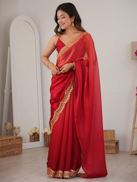 Red Satin Emblished Saree - Ressa