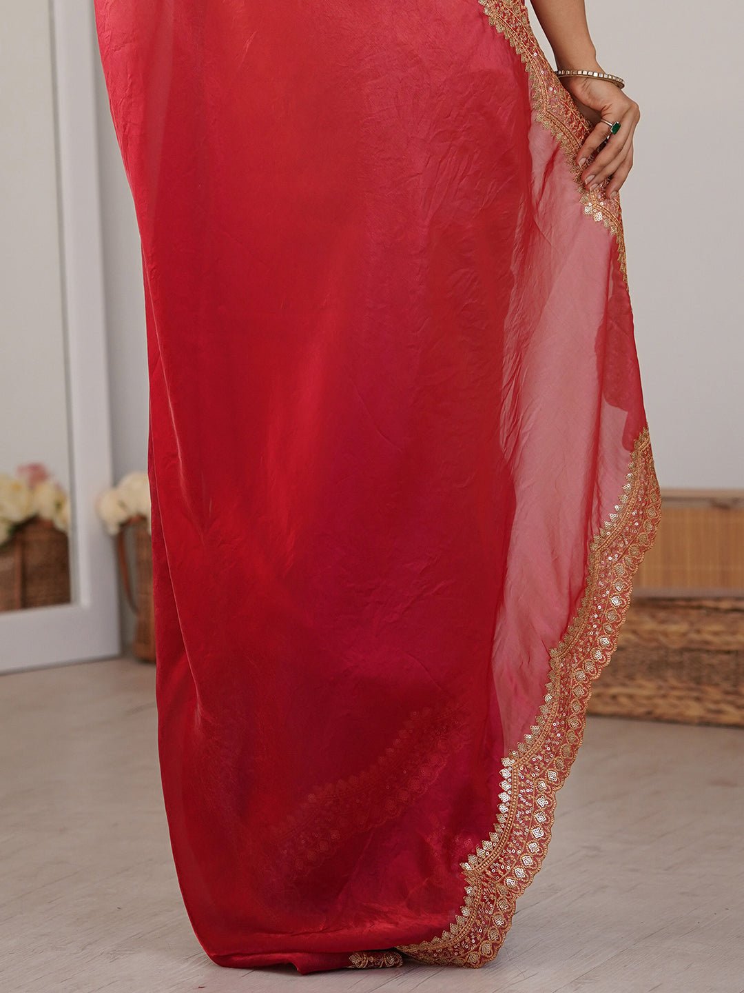 Red Satin Emblished Saree - Ressa