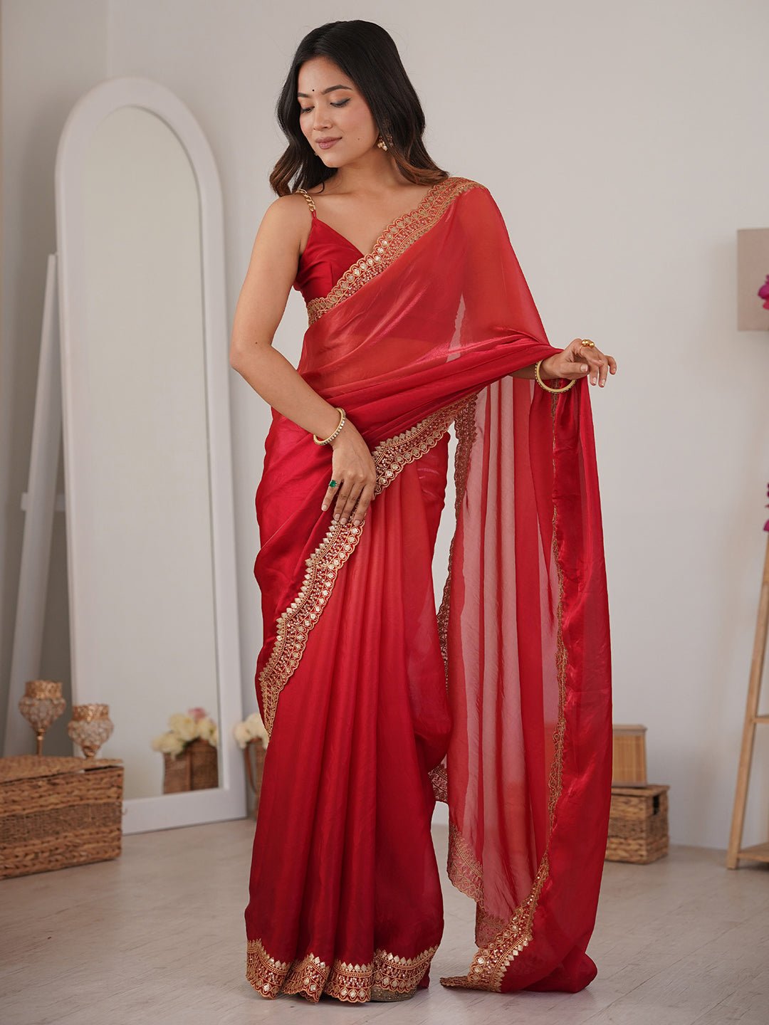 Red Satin Emblished Saree - Ressa