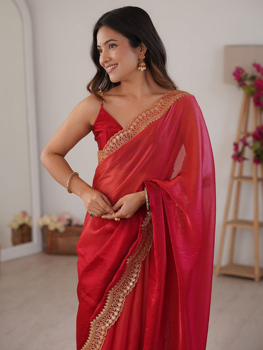 Red Satin Emblished Saree - Ressa