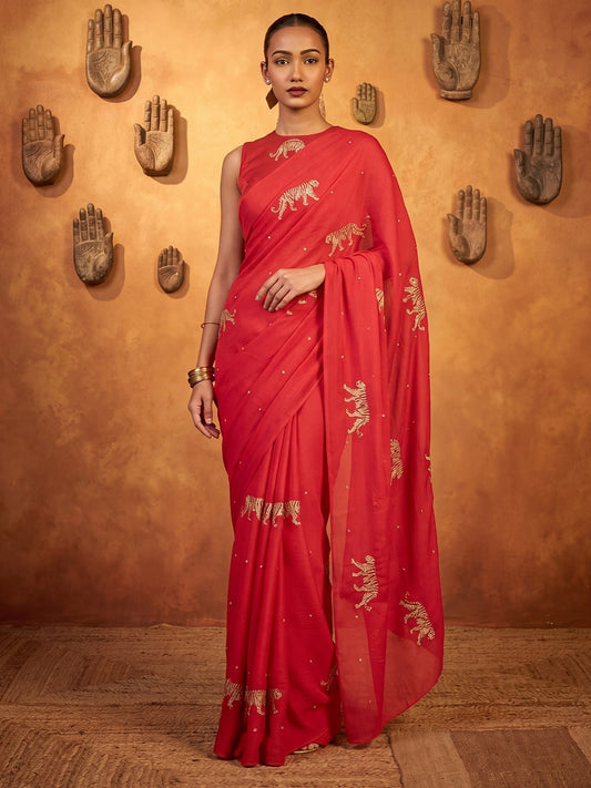 Red Satin Saree - Ressa