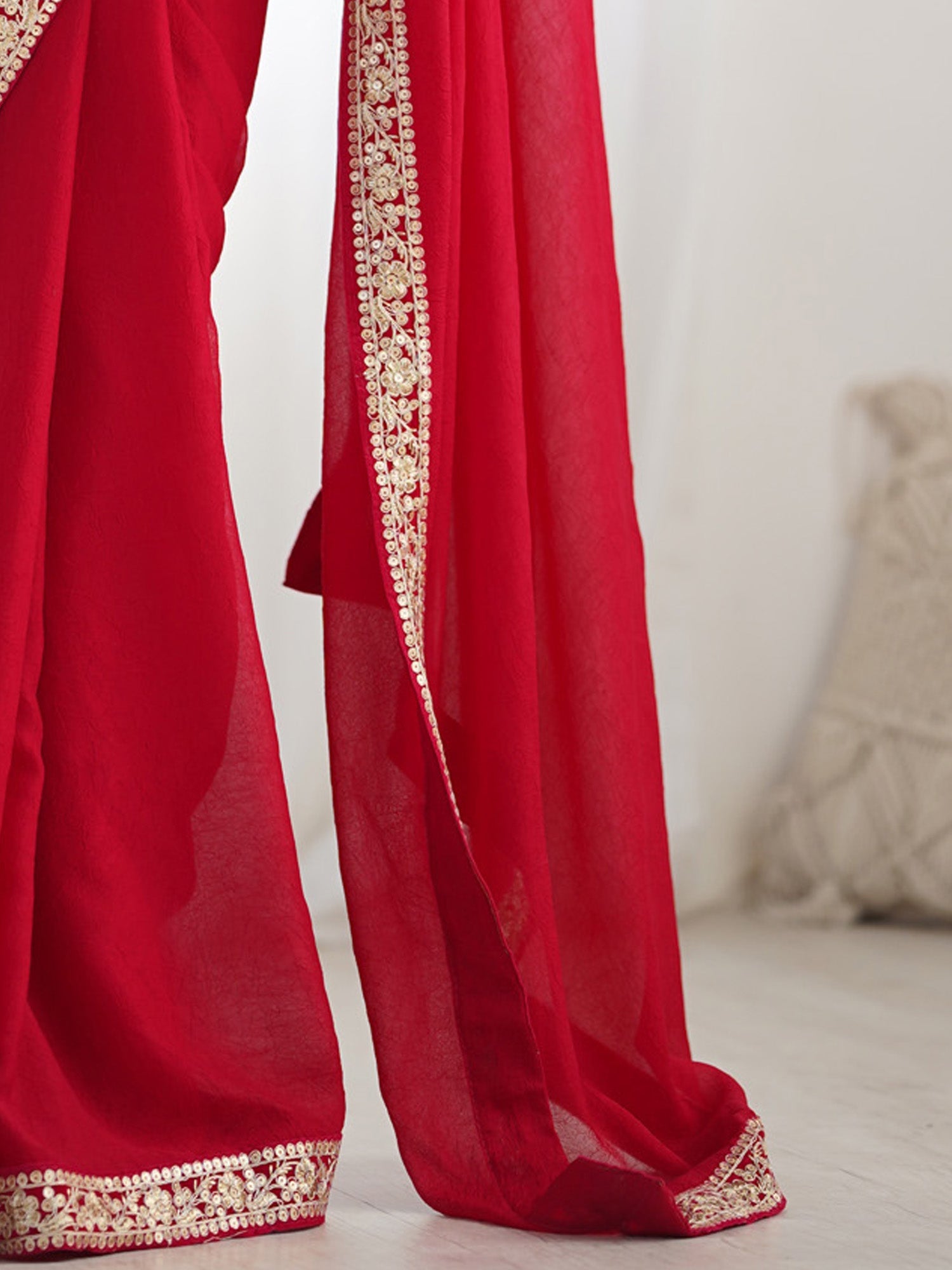 Red Satin Saree with Gold Sequin - Ressa