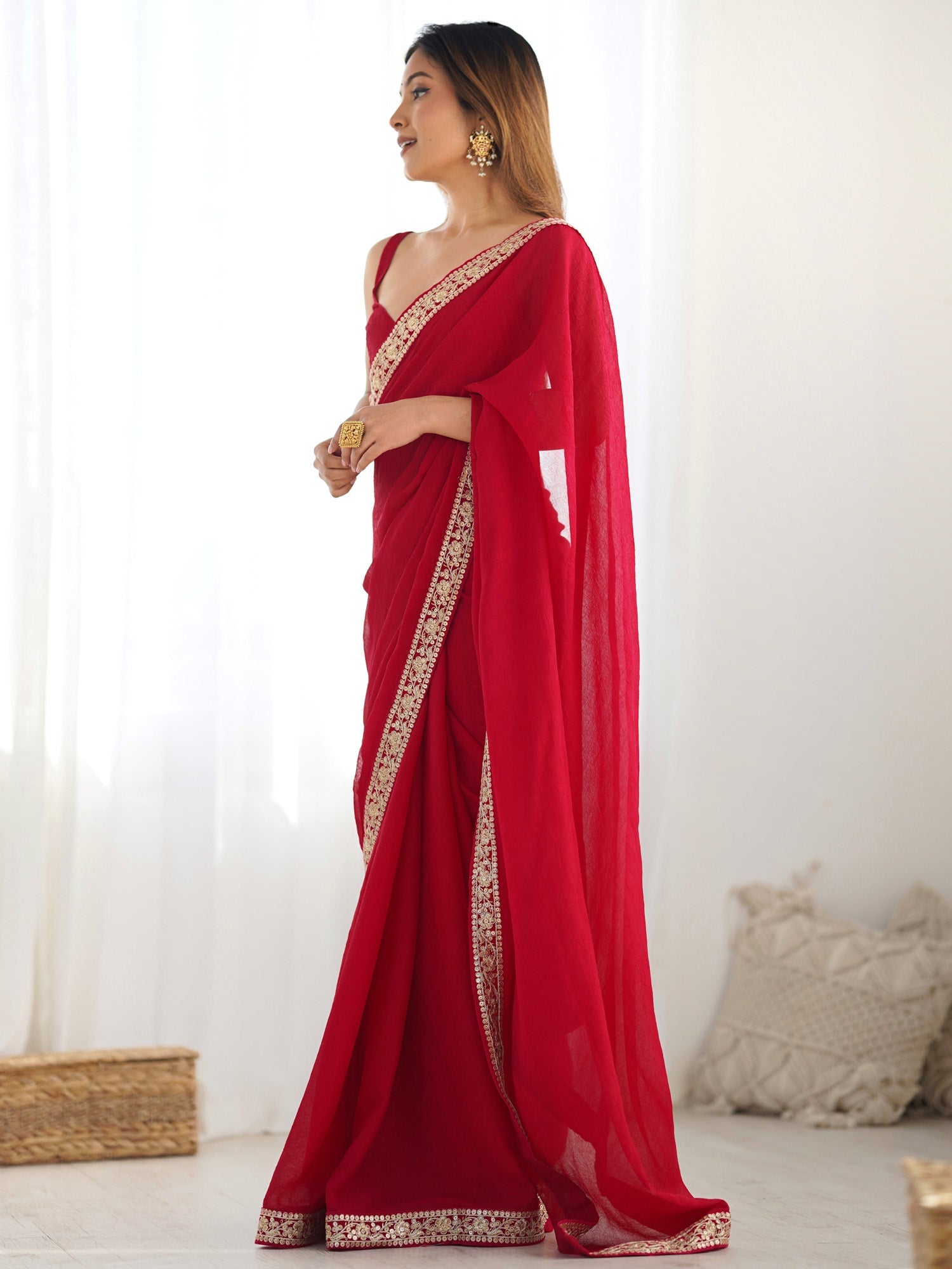 Red Satin Saree with Gold Sequin - Ressa