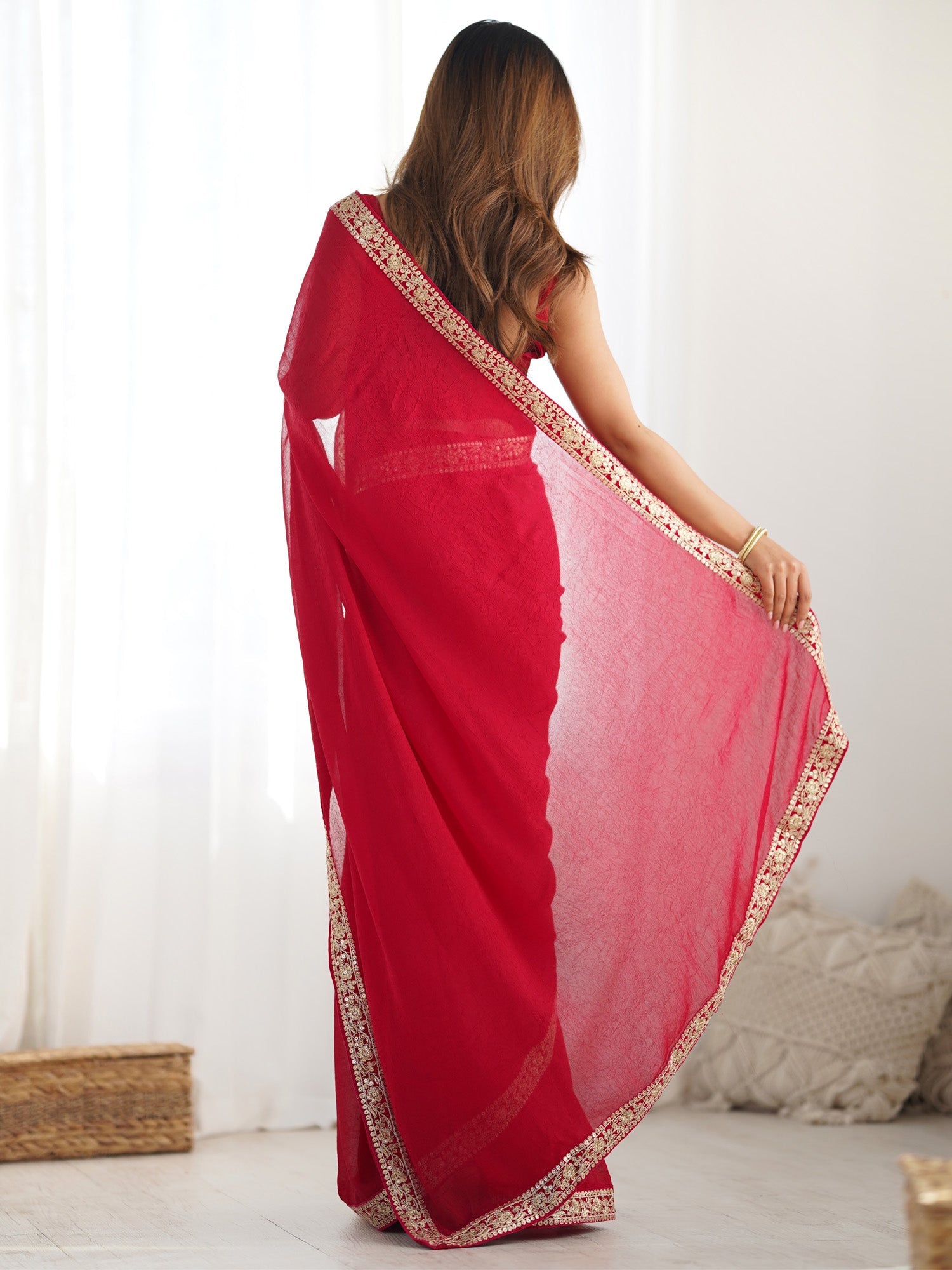Red Satin Saree with Gold Sequin - Ressa