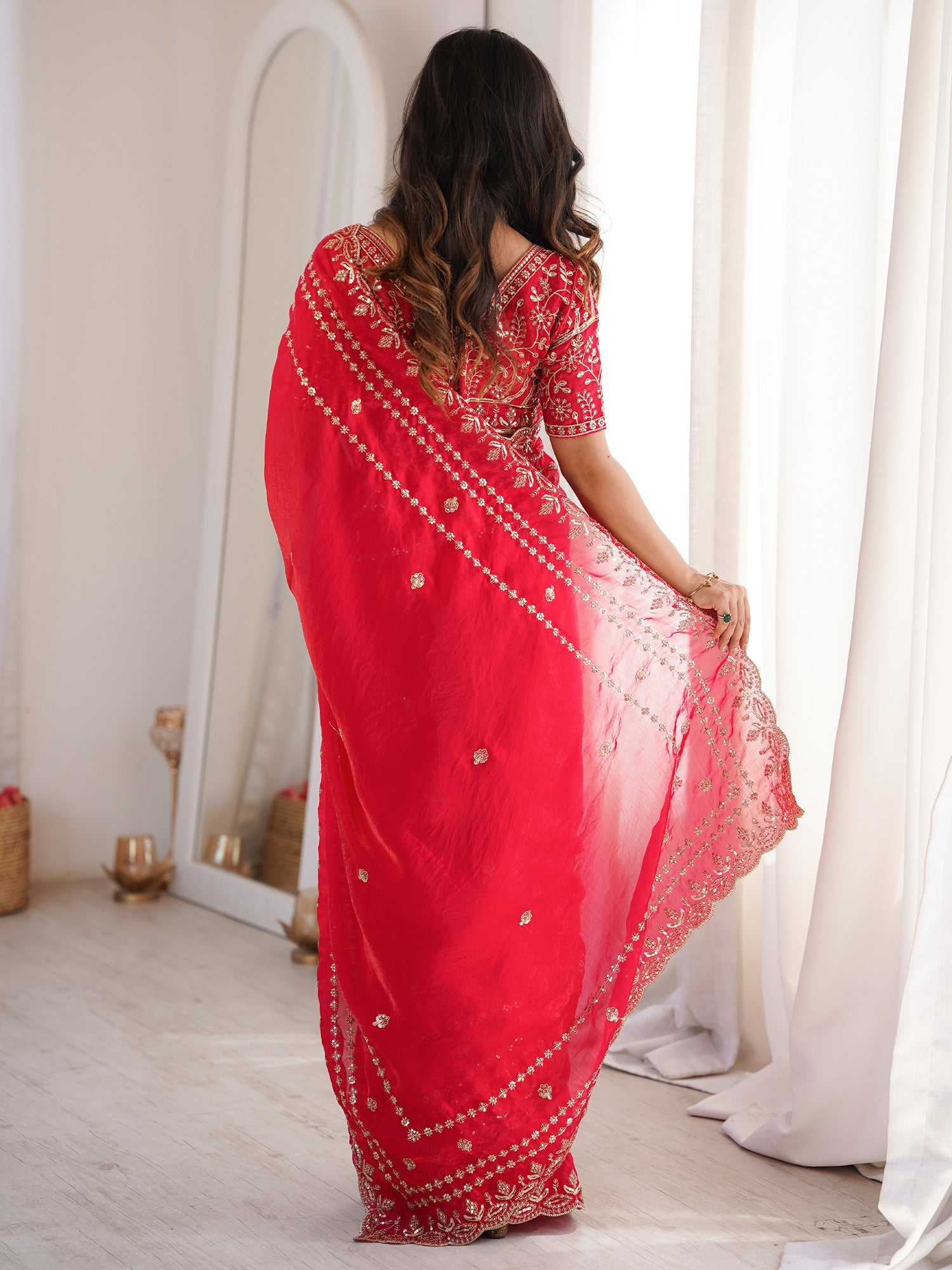 Red Satin Saree with Intricate Zardosi Embroidery - Ressa