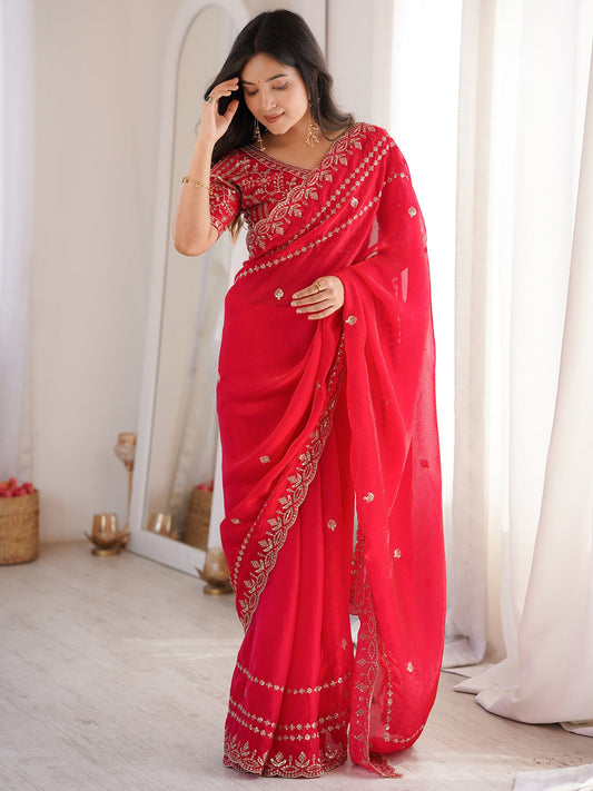 Red Satin Saree with Intricate Zardosi Embroidery - Ressa