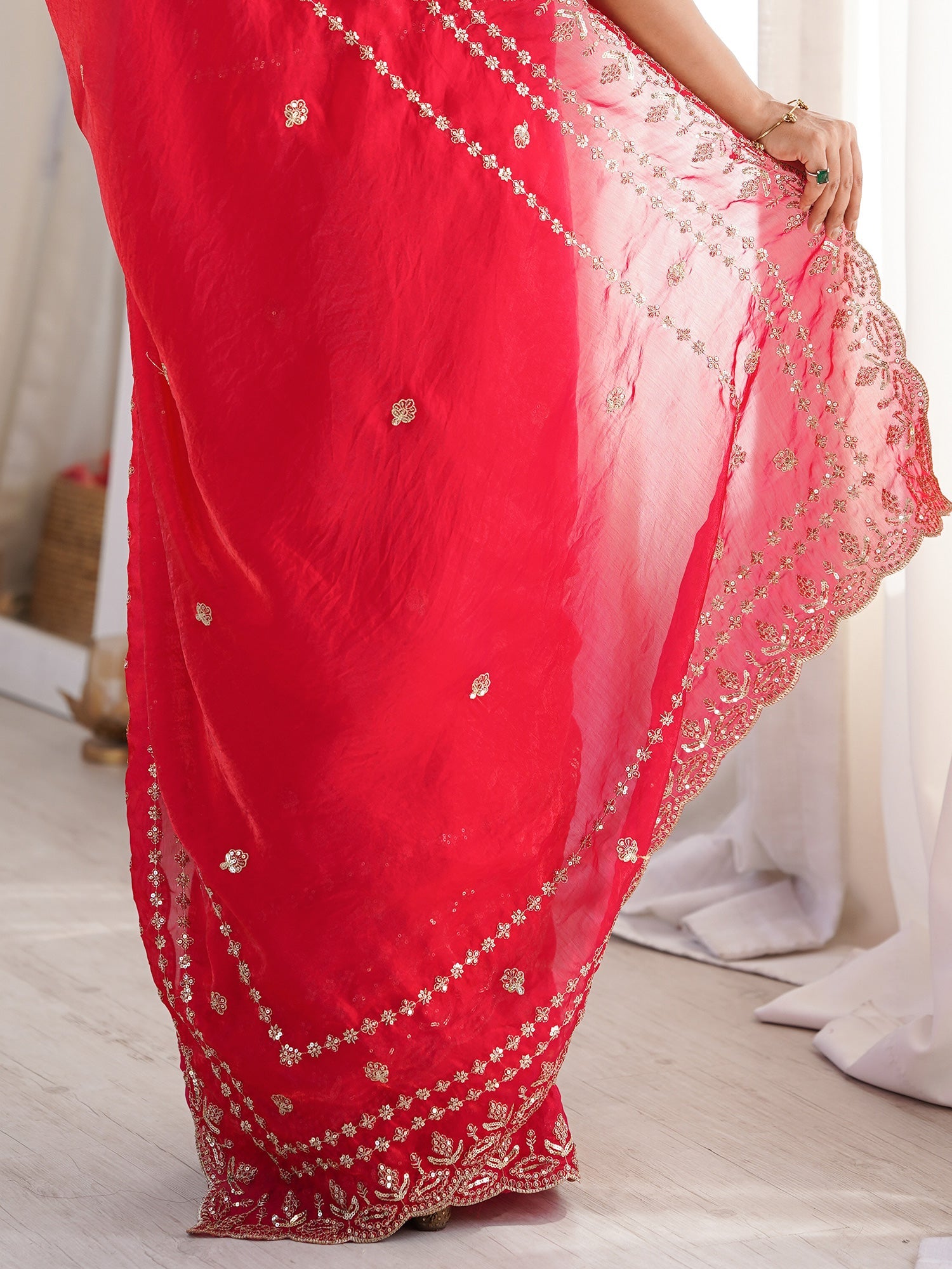 Red Satin Saree with Intricate Zardosi Embroidery - Ressa