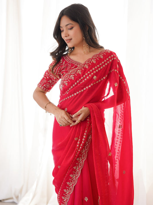 Red Satin Saree with Intricate Zardosi Embroidery - Ressa
