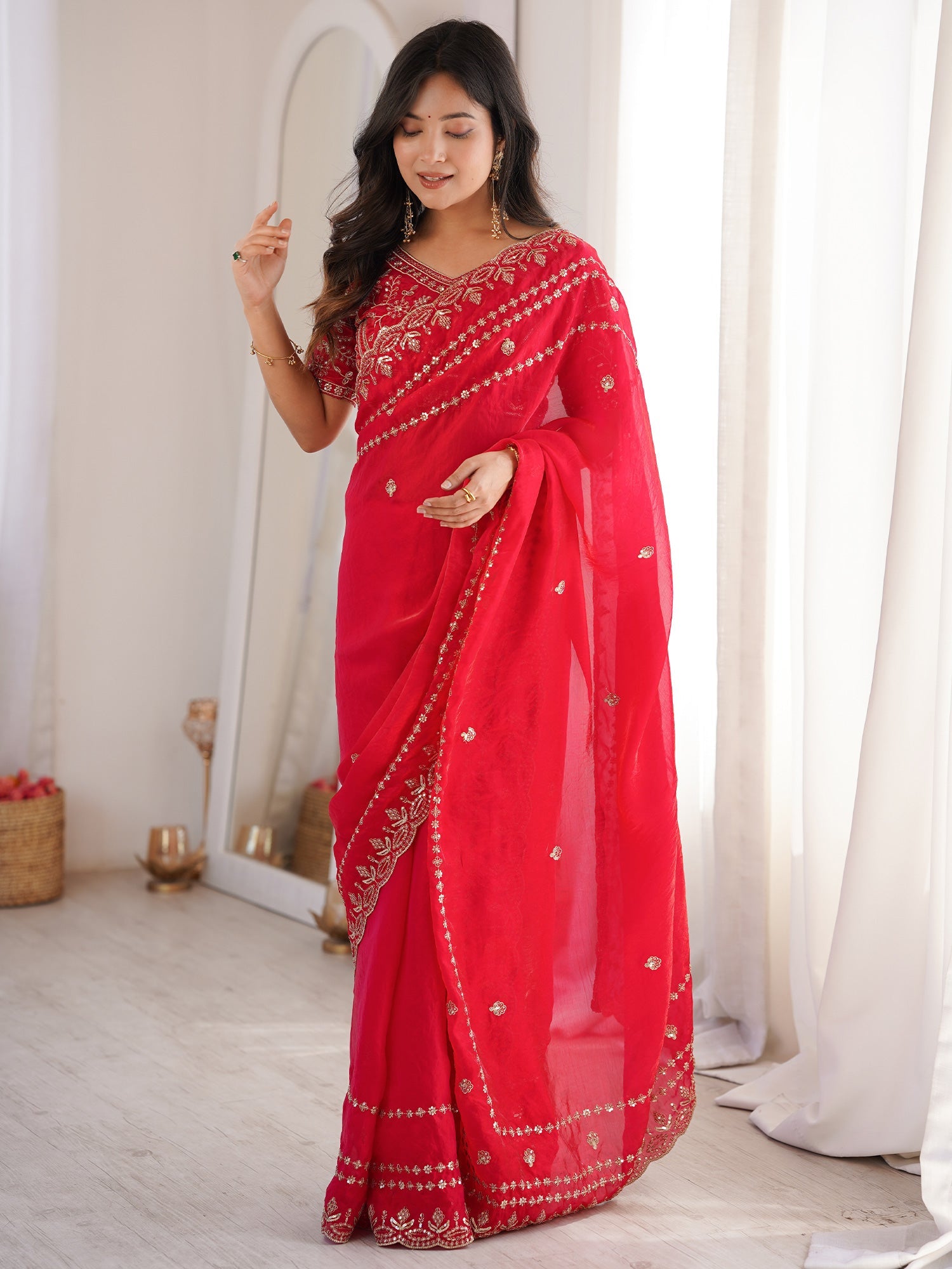 Red Satin Saree with Intricate Zardosi Embroidery - Ressa