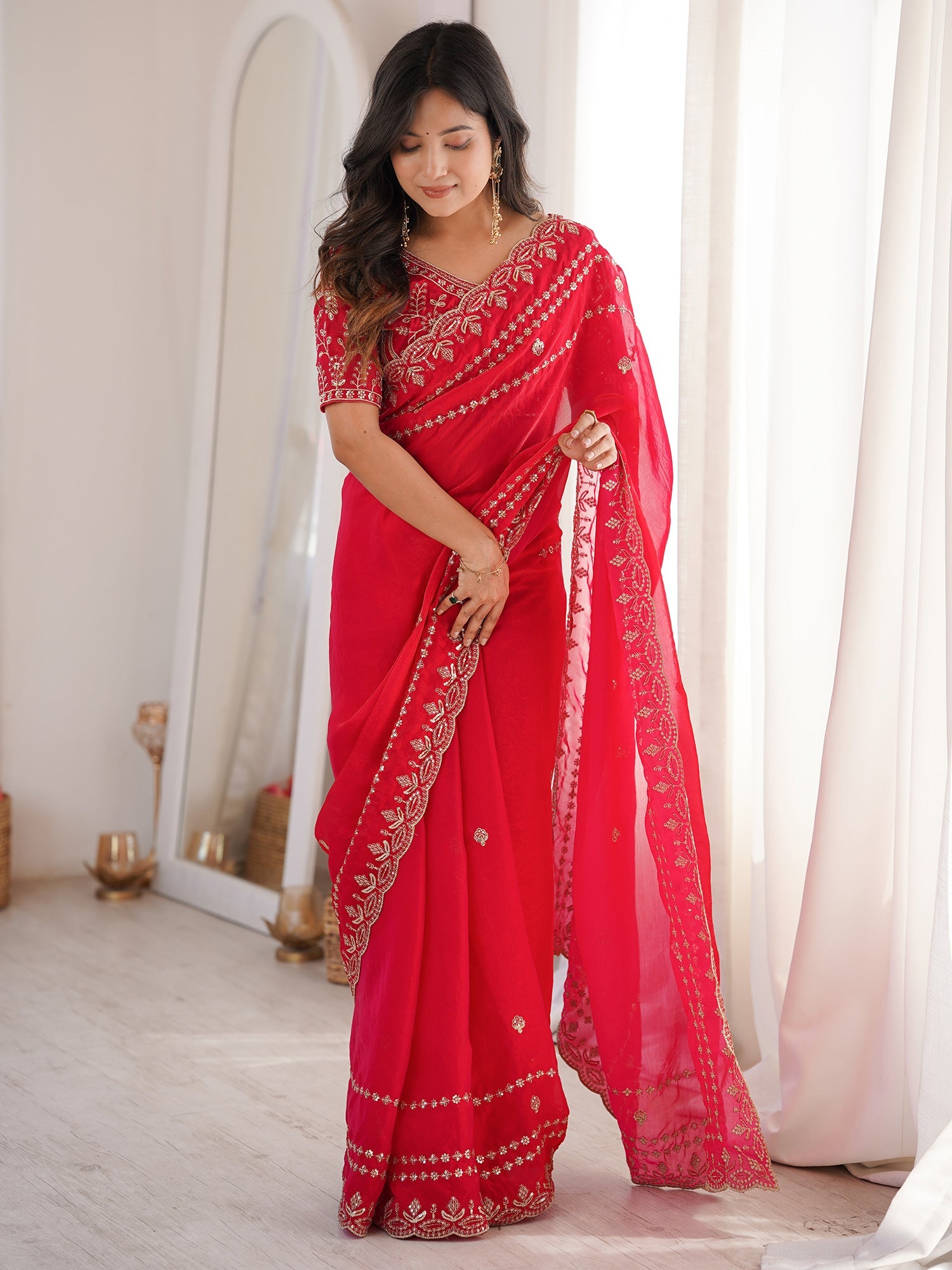Red Satin Saree with Intricate Zardosi Embroidery - Ressa
