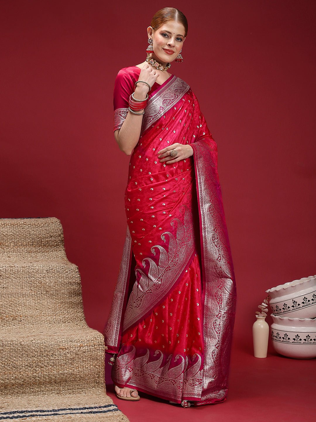 Red Satin Silk Banarasi Saree - Ressa