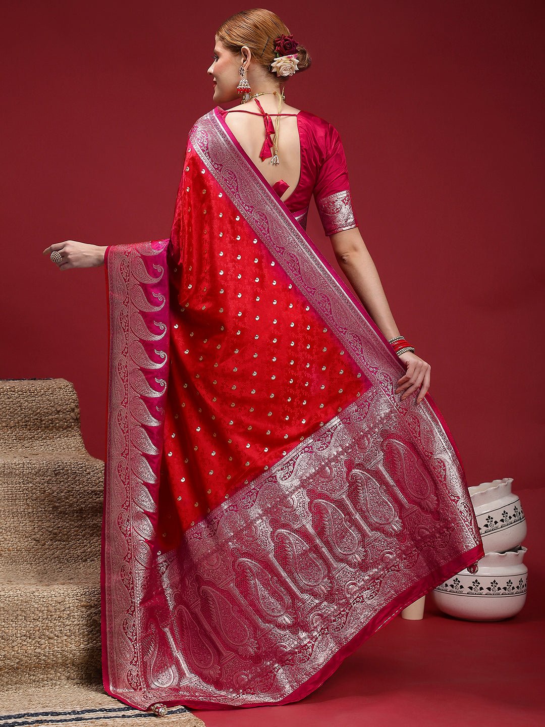 Red Satin Silk Banarasi Saree - Ressa