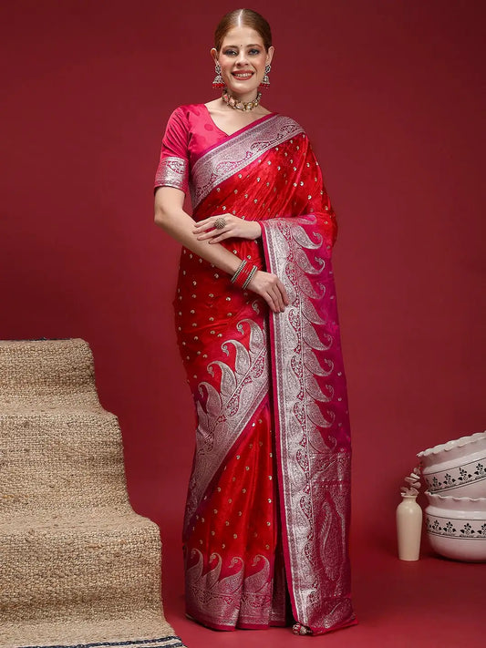 Red Satin Silk Banarasi Saree