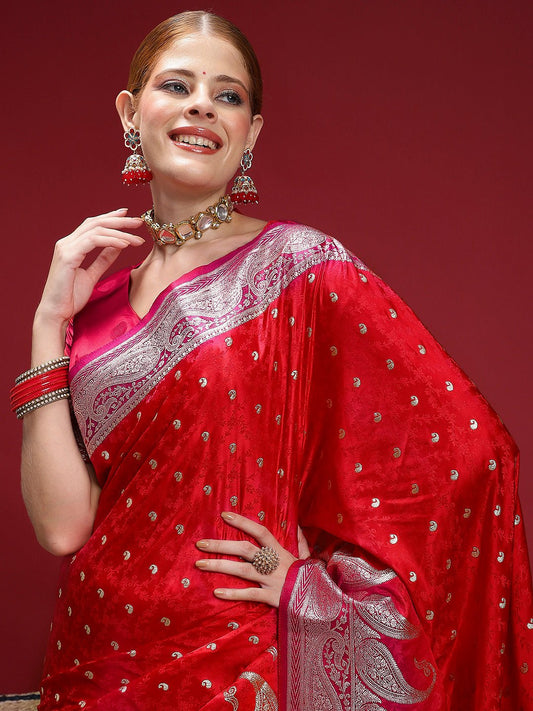 Red Satin Silk Banarasi Saree - Ressa
