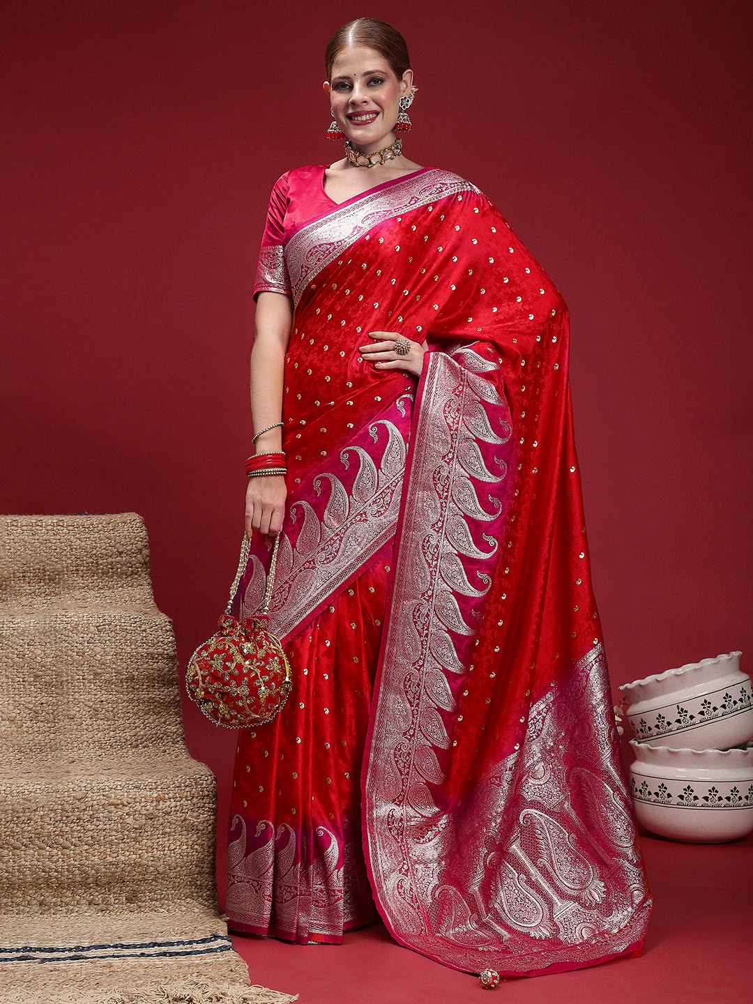Red Satin Silk Banarasi Saree - Ressa